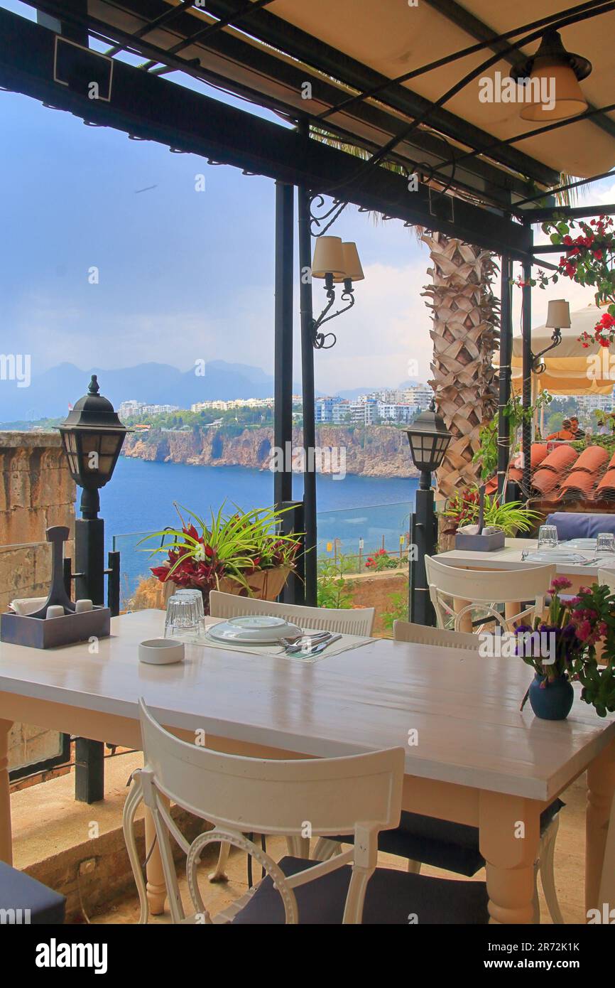 The photo was taken in Antalya. The picture shows a set table in a cozy