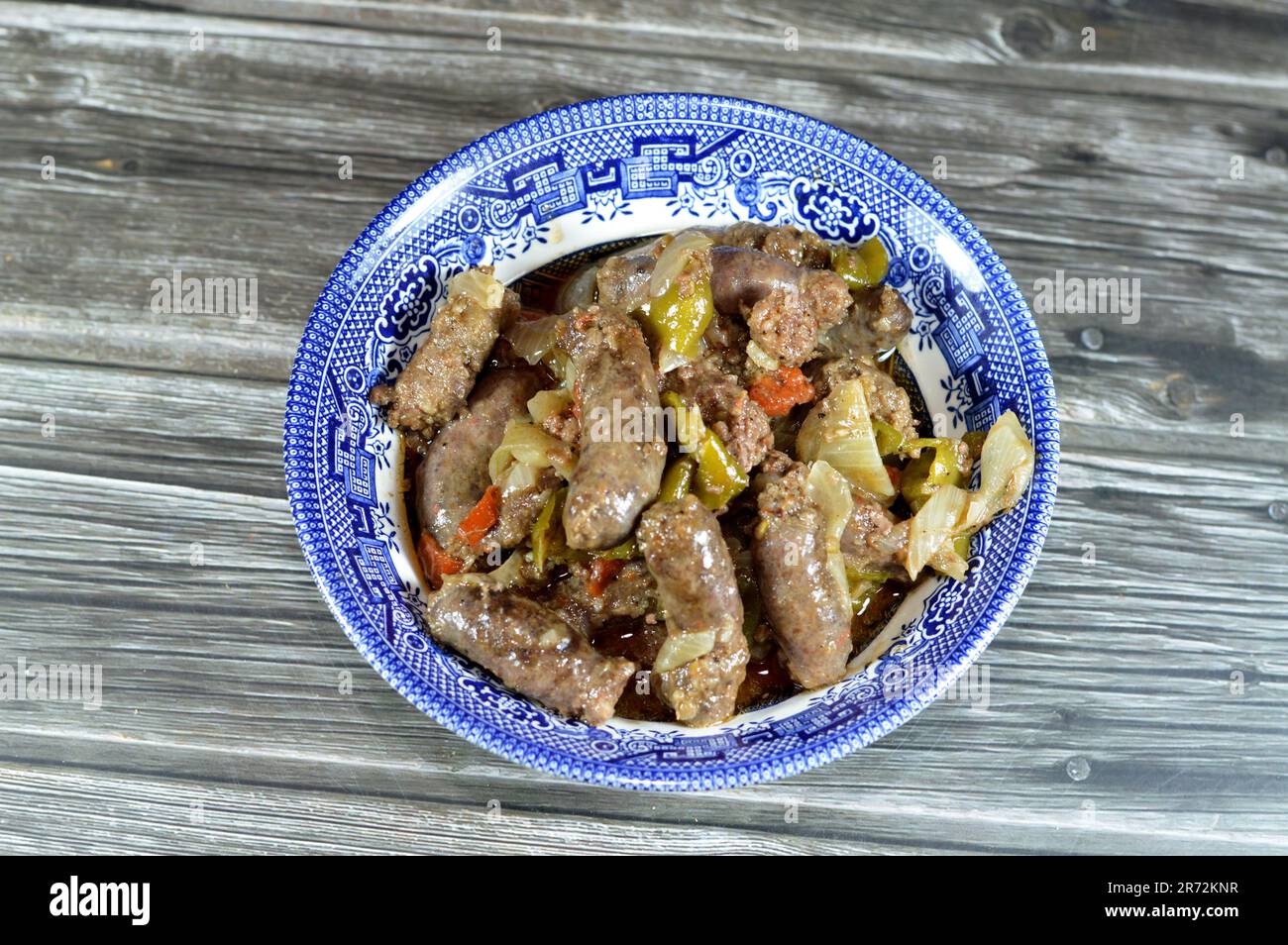 Middle Eastern cooked beef sausage, Egyptian sausages with green peppers, onion, garlic, tomato