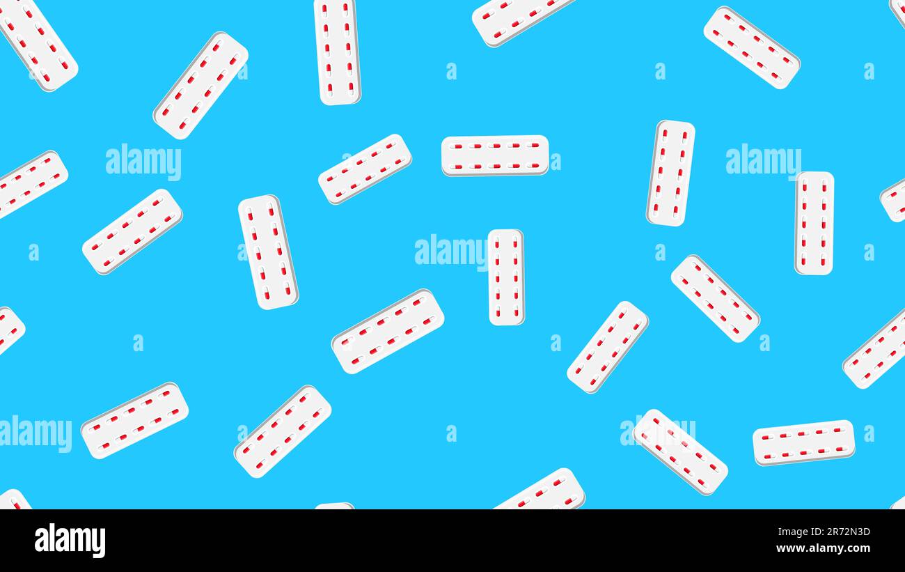 Seamless pattern texture of red and blue medical medicinal pharmaceptic pills capsules in packaging plates on a blue background. Vector illustration. Stock Vector