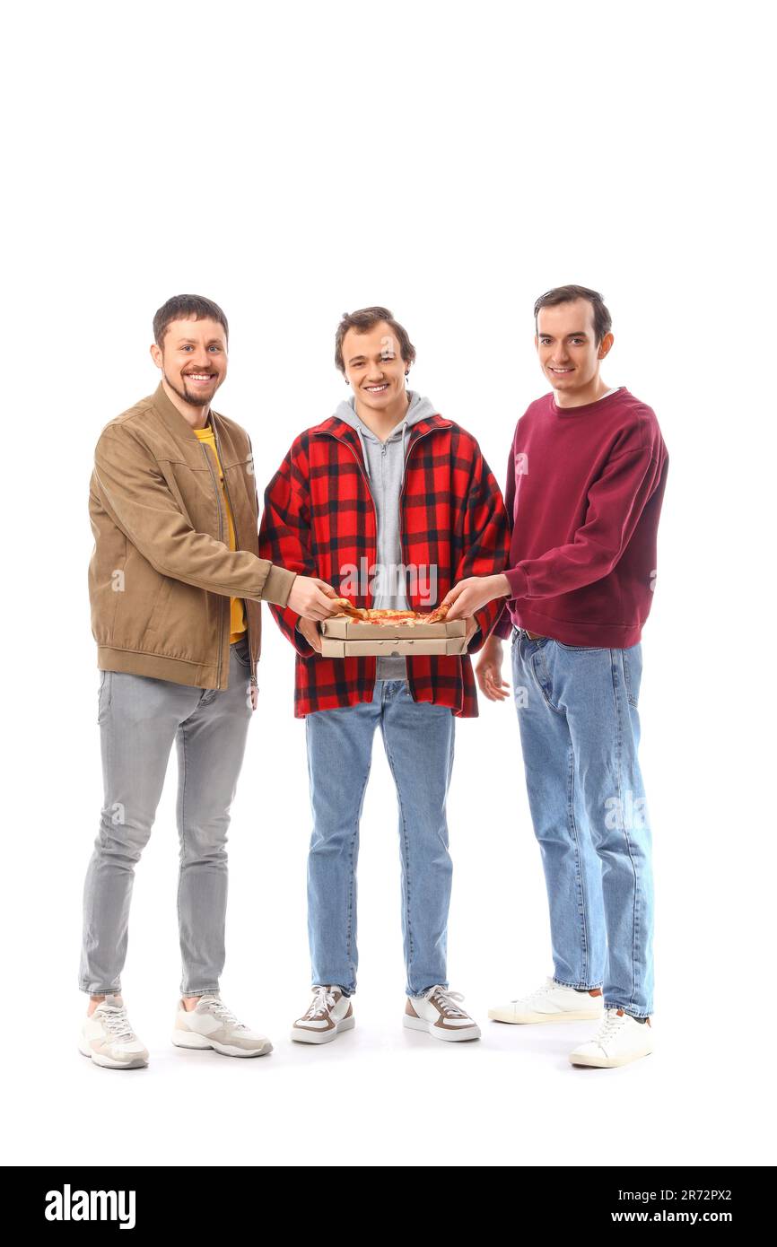 Male friends with tasty pizza on white background Stock Photo