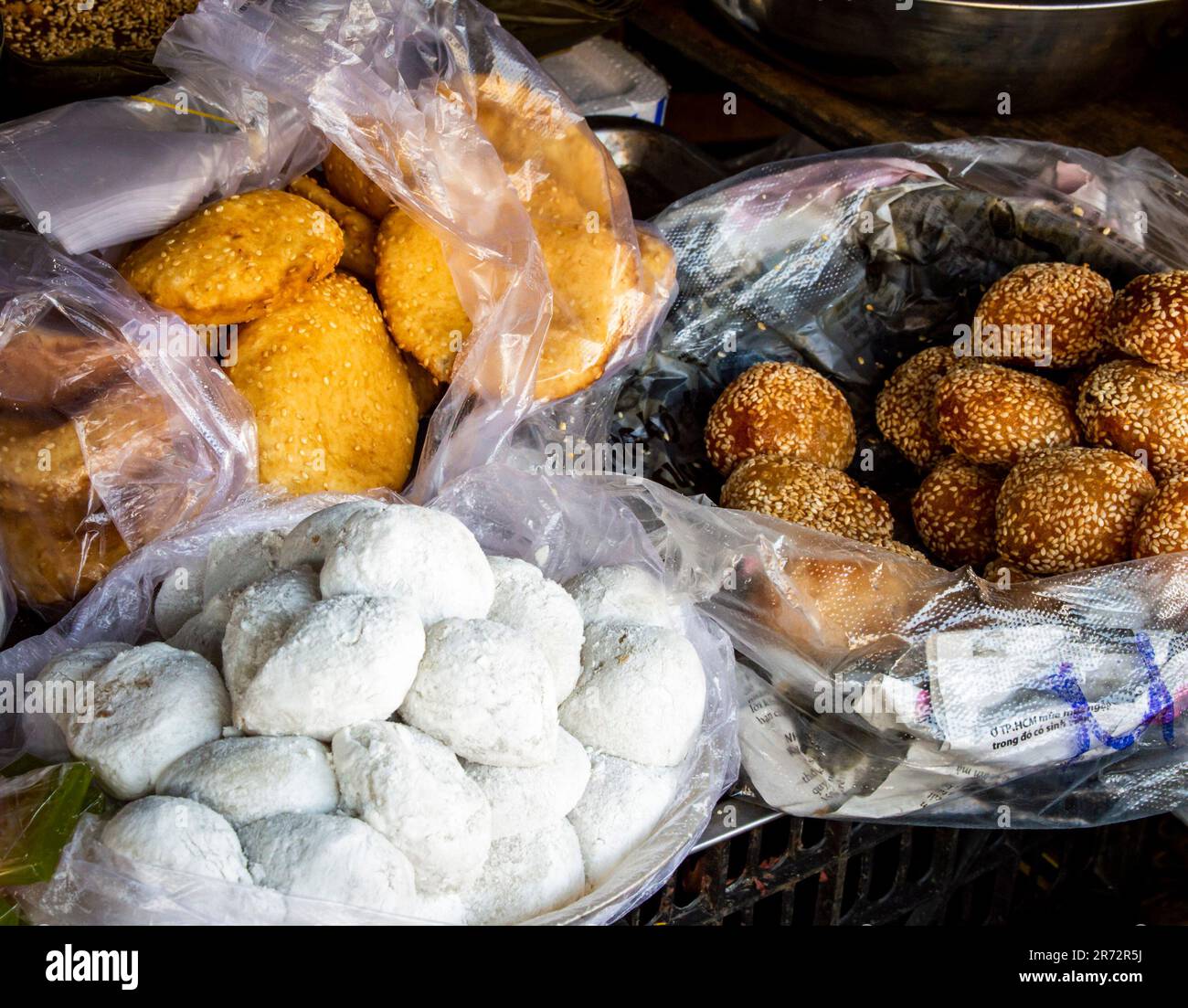 Top view of Vietnamese snacks of deep fried or steamed glutinous rice