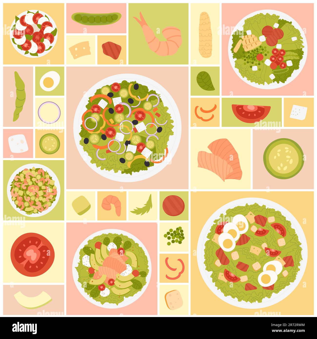 Salad set vector illustration. Cartoon isolated top view of healthy food, salad plates and ingredients, fresh vegetable and shrimp, salmon and avocado slice in trendy geometric design background Stock Vector