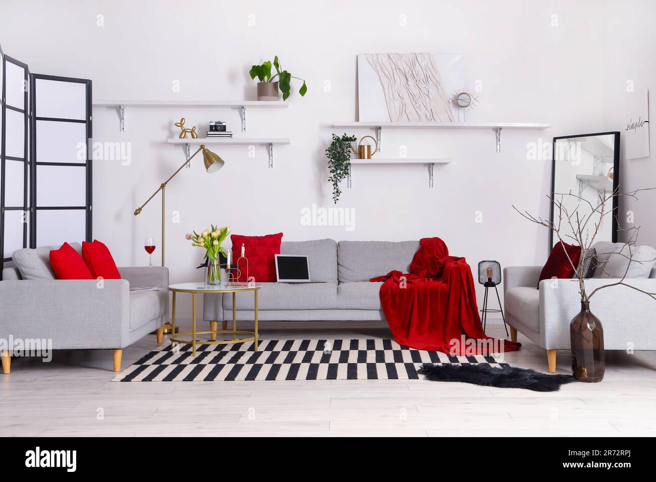 Interior of stylish living room with cozy sofas and coffee table Stock ...