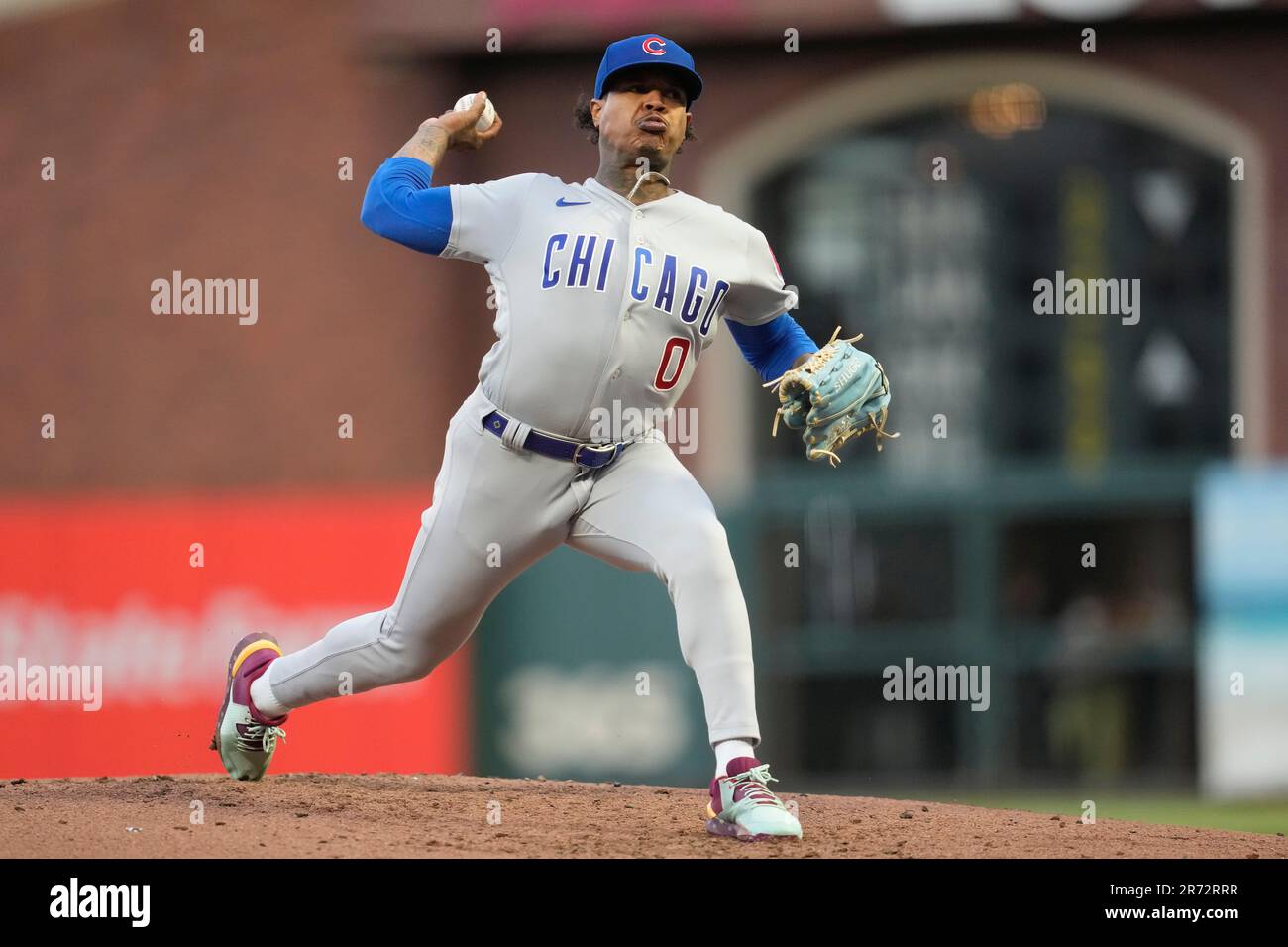 Chicago Cubs pitcher Marcus Stroman (0) pitches against the San Francisco  Giants during a MLB spring training baseball game, Saturday, Mar 19, 2022,  in Scottsdale, Ariz. (Chris Bernacchi/Image of Sport/Sipa USA Stock