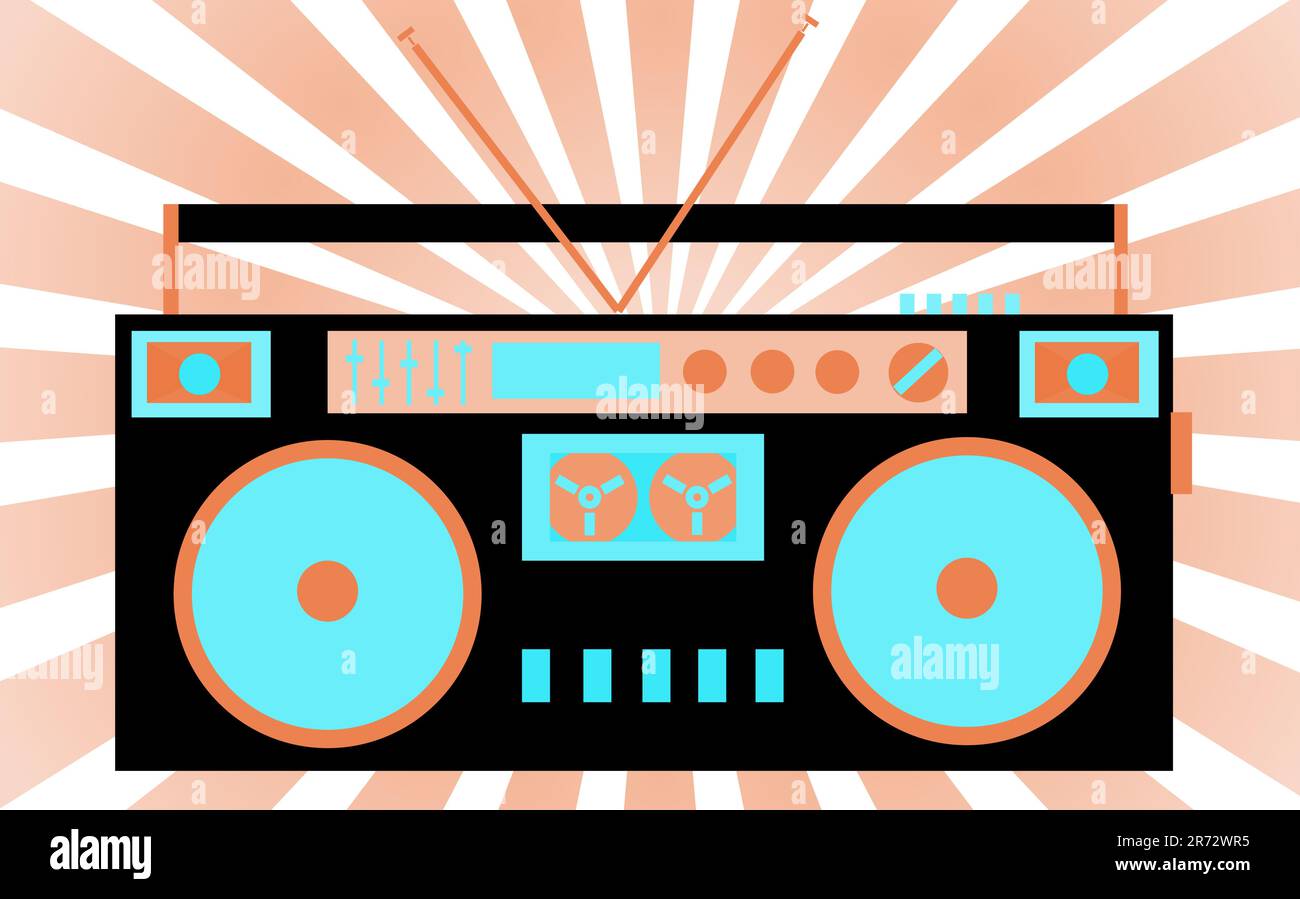 Colorful, bright, retro audio cassette tape recorder in pink-blue tones. The 80's stereo system on the background of the rays. Stock Vector