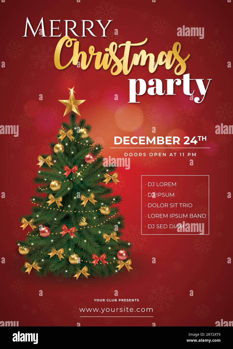 Merry Christmas Party and Party poster with Christmas tree on red background invitation theme concept. New year greeting poster and card design. Stock Vector