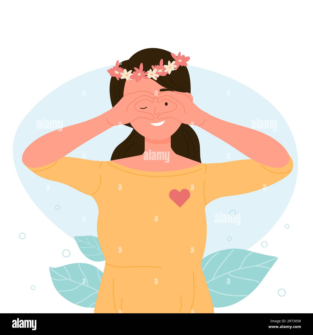Cartoon woman with traditional wreath of flowers on head with heart showing gesture of love flat vector illustration Stock Vector
