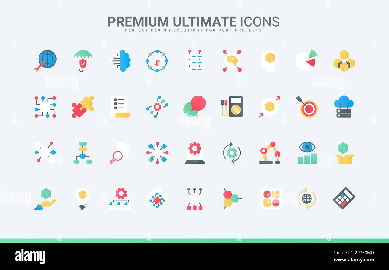 Intelligent machine with neural electronic system, innovation of artificial intelligence and digital data support. AI, machine learning and science trendy flat icons set vector illustration Stock Vector