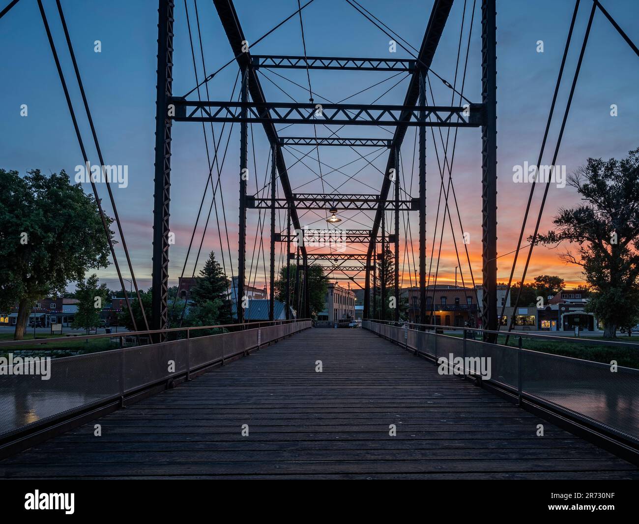 Sunset view of Fort Benton, Montana from a pedestrian bridge over the