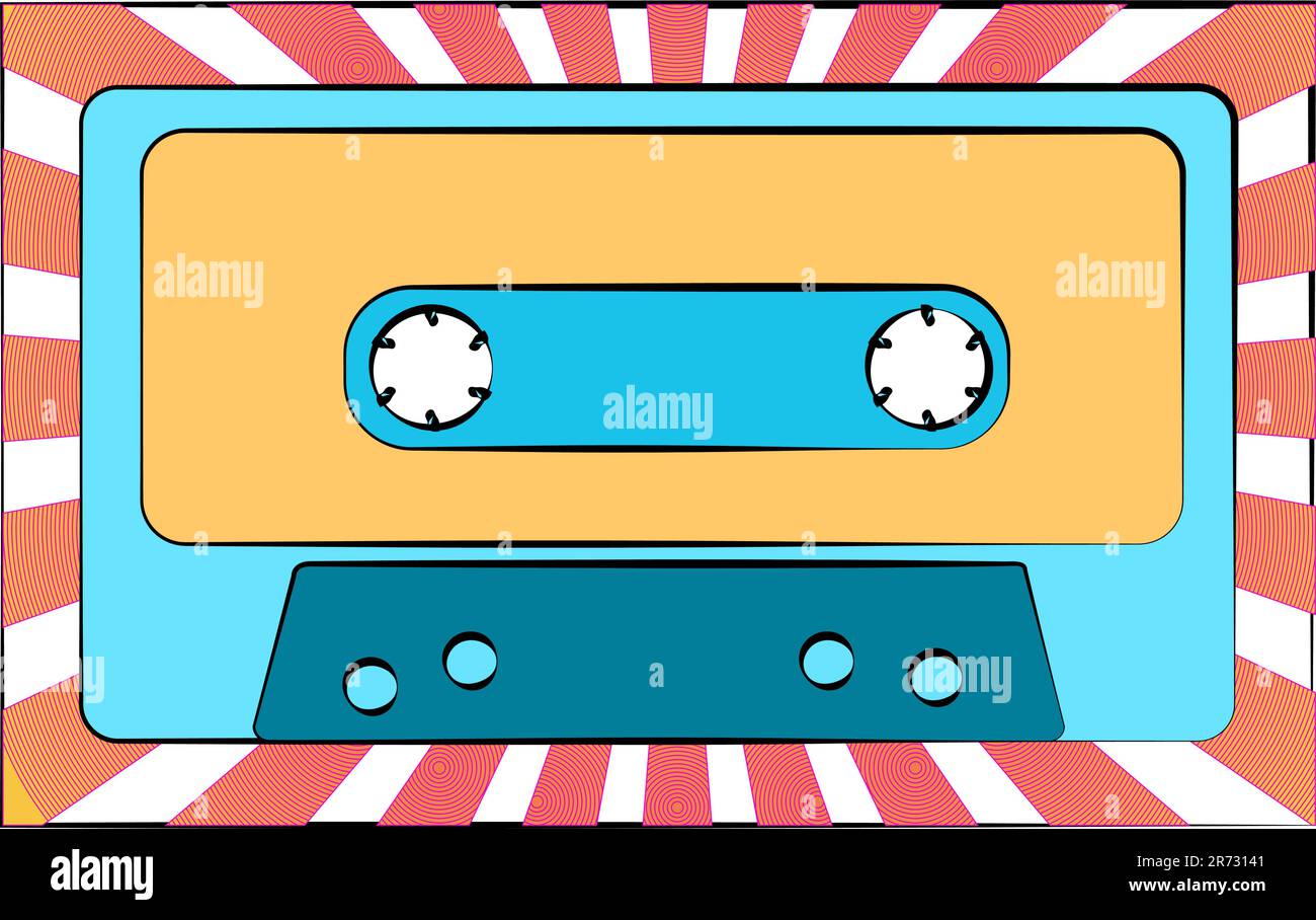 An old blue retro vintage antique hipster music audio cassette for a tape recorder on a background of beams. Vector illustration Stock Vector
