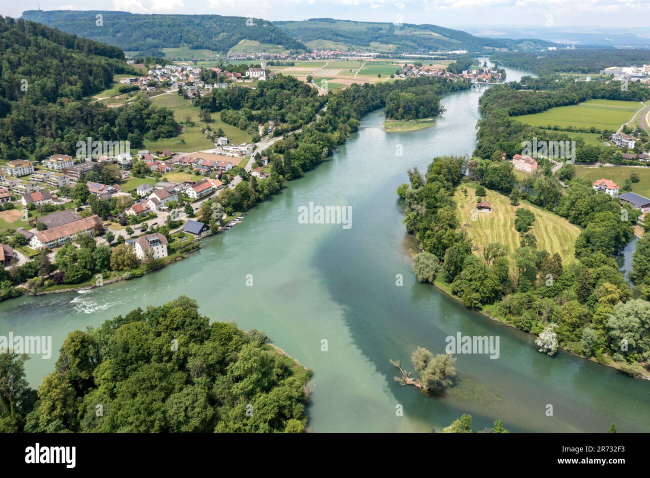 Confluence of river Limmat and river Aare at Limmatspitz, aerial view, Aargau, Switzerland. Stock Photo