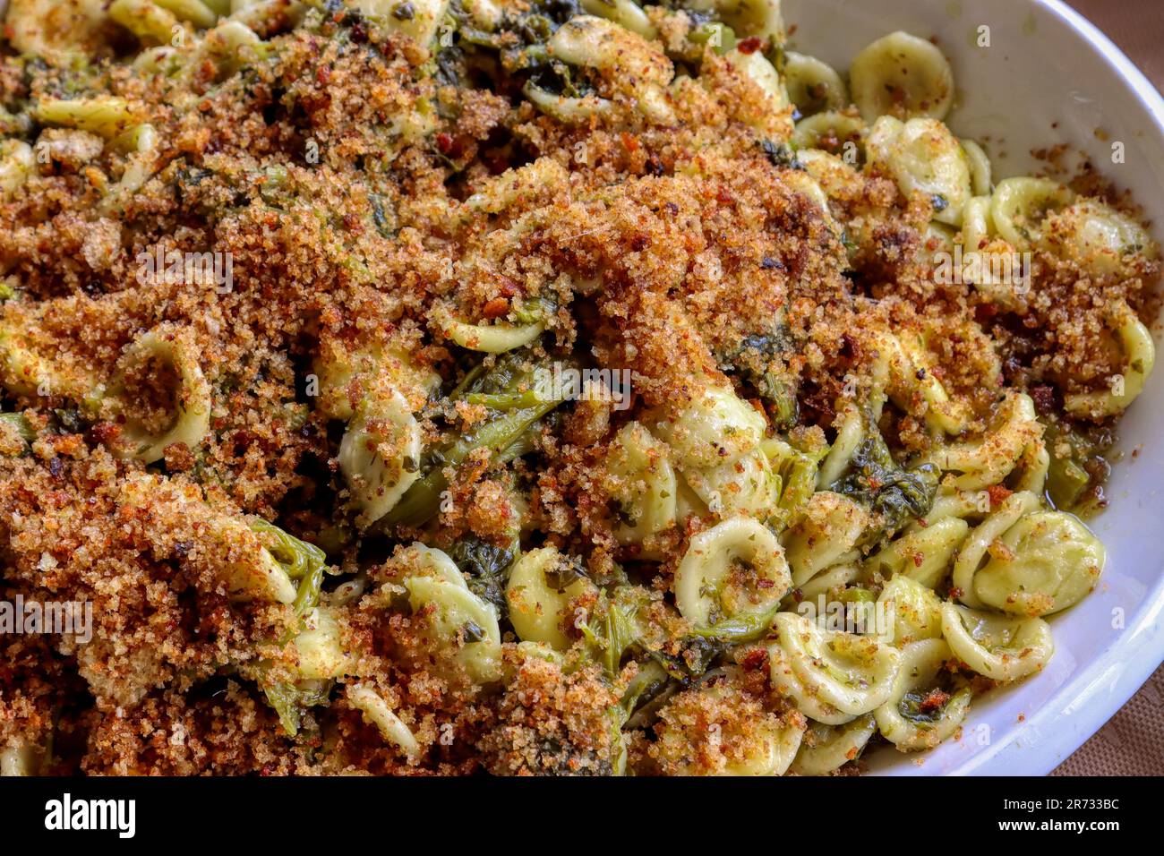 Orecchiette with turnip greens and fried breadcrumbs. Typical dish of