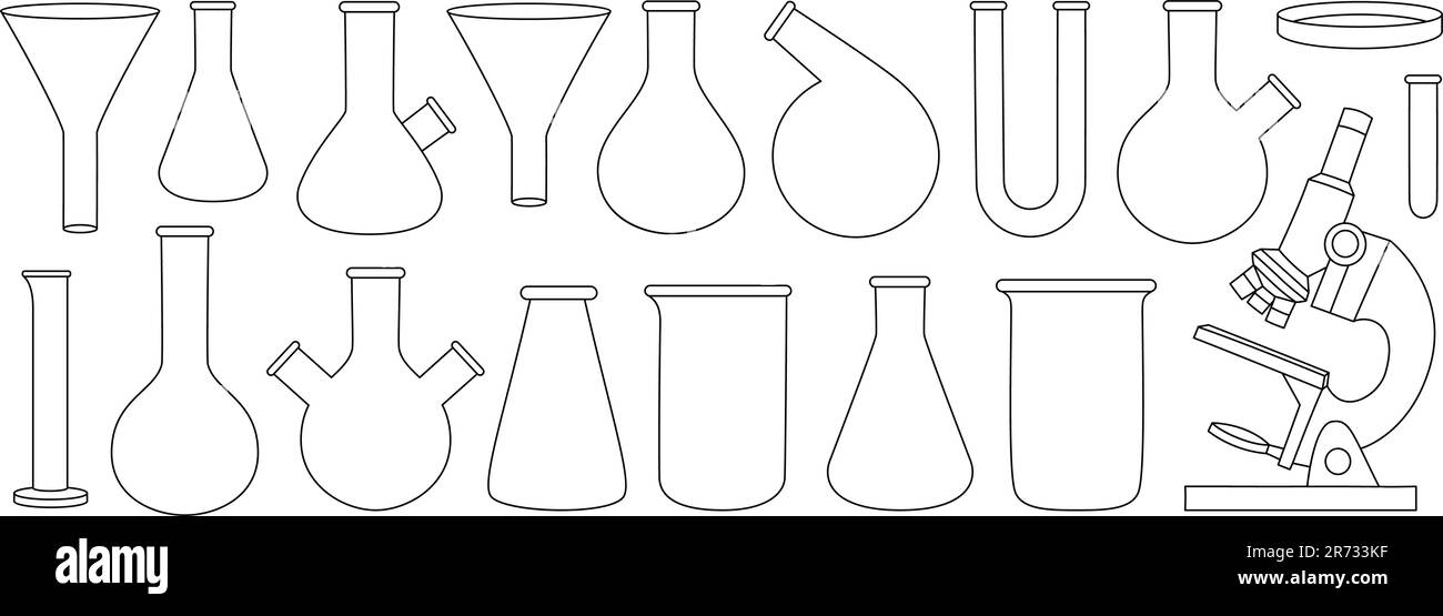 Laboratory glassware outline set. Chemical and medicine lab measuring equipment. Conical flask, glass beaker, filter funnel, U tube, microscope. Stock Vector