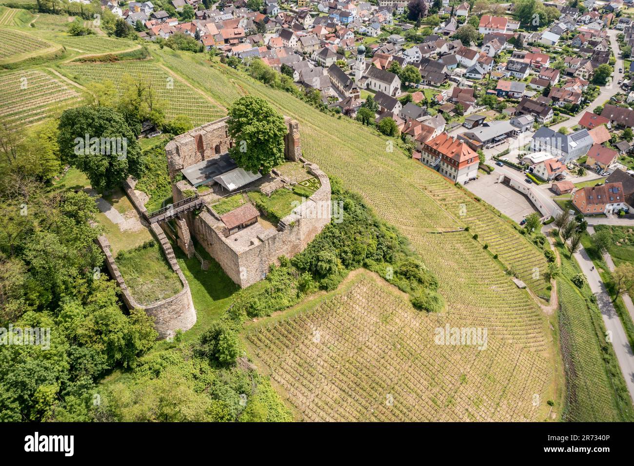 Ruin of castle Lichteneck, near village Hecklingen, aerial view, Breisgau, Germany Stock Photo