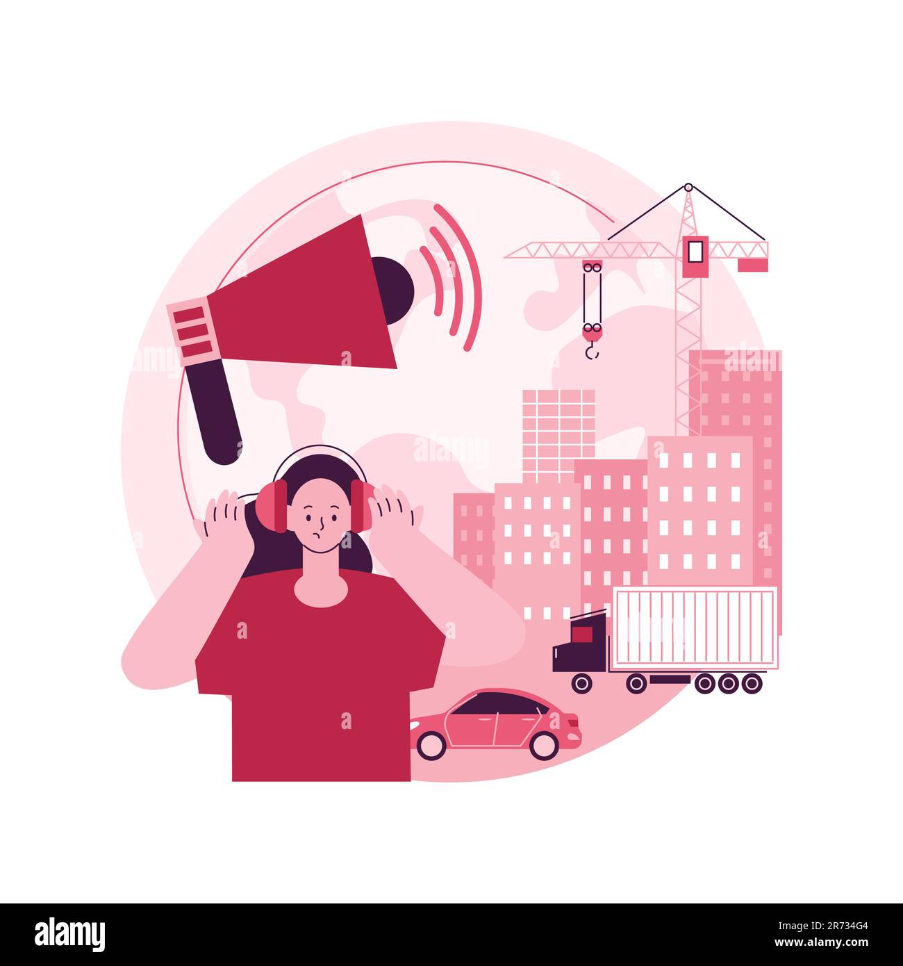 Noise pollution abstract concept vector illustration. Sound pollution, noise contamination from construction, urban problem, stress cause, ear protection, hearing problem abstract metaphor. Stock Vector