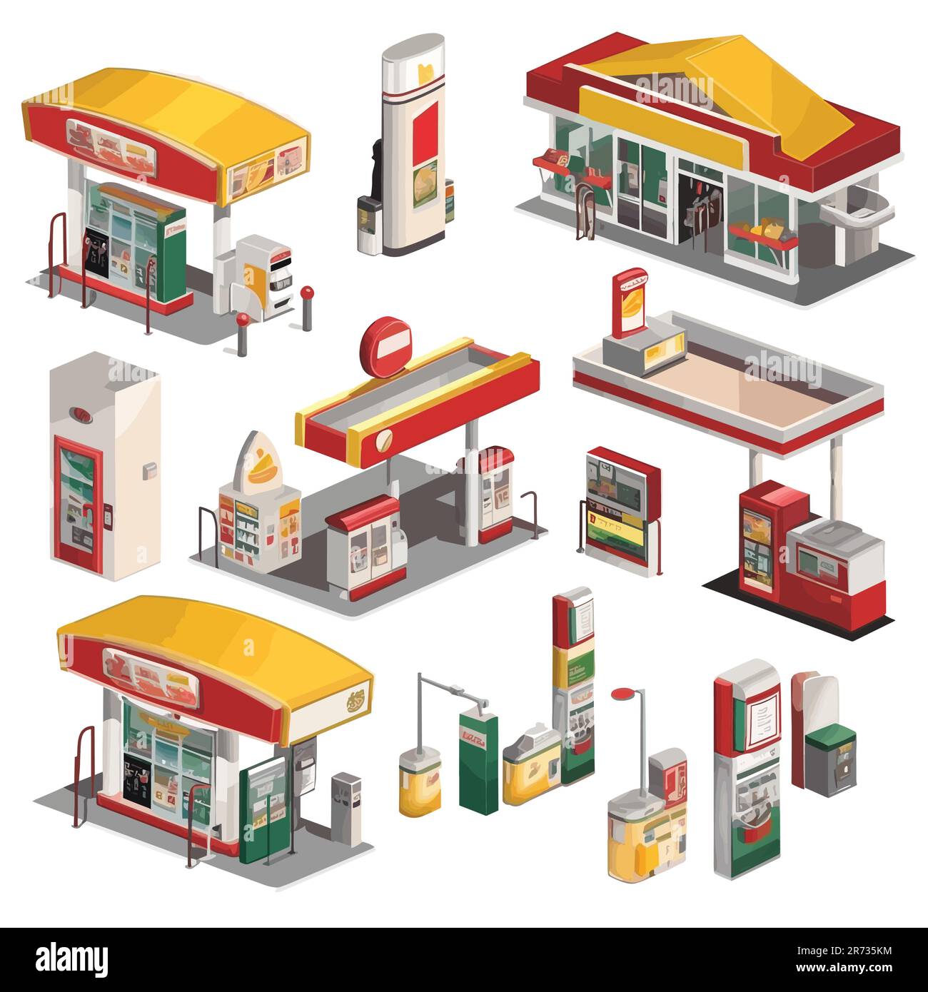 Collection of gas station vector isometric illustrations isolated on