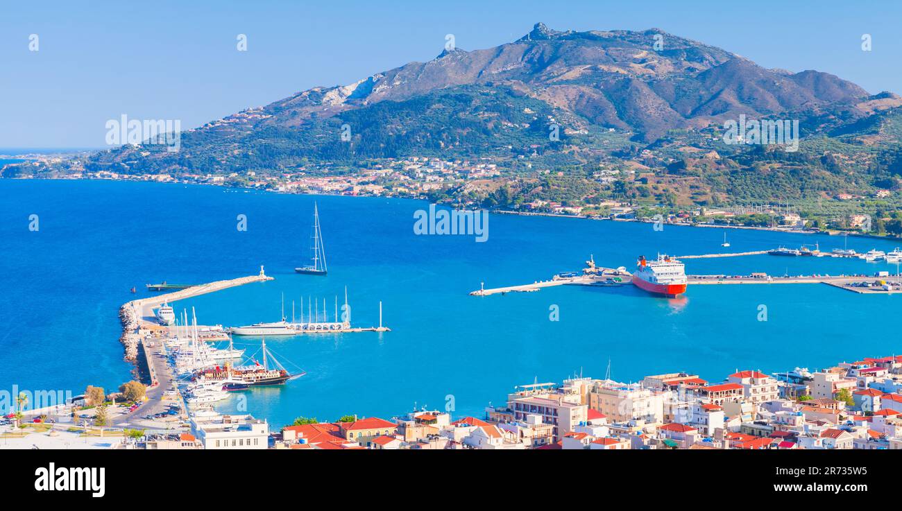 Coastal panoramic landscape of Zakynthos, this Greek island in the Ionian Sea is the popular tourist destination for summer vacations. Main city port Stock Photo
