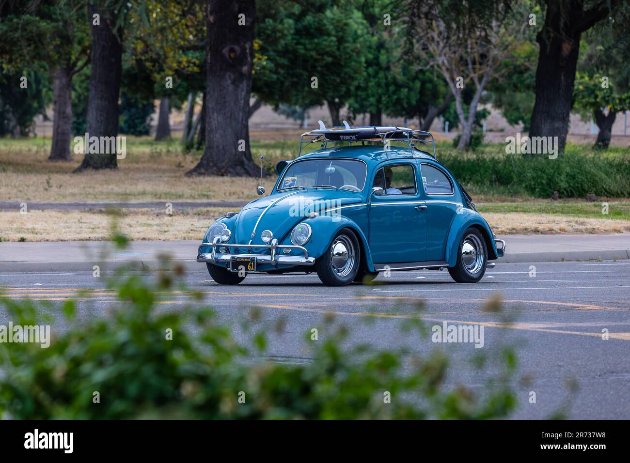A 1960's era Volkswagen Beetle at the North Modesto Kiwanis American Graffiti Car Show & Festival Stock Photo
