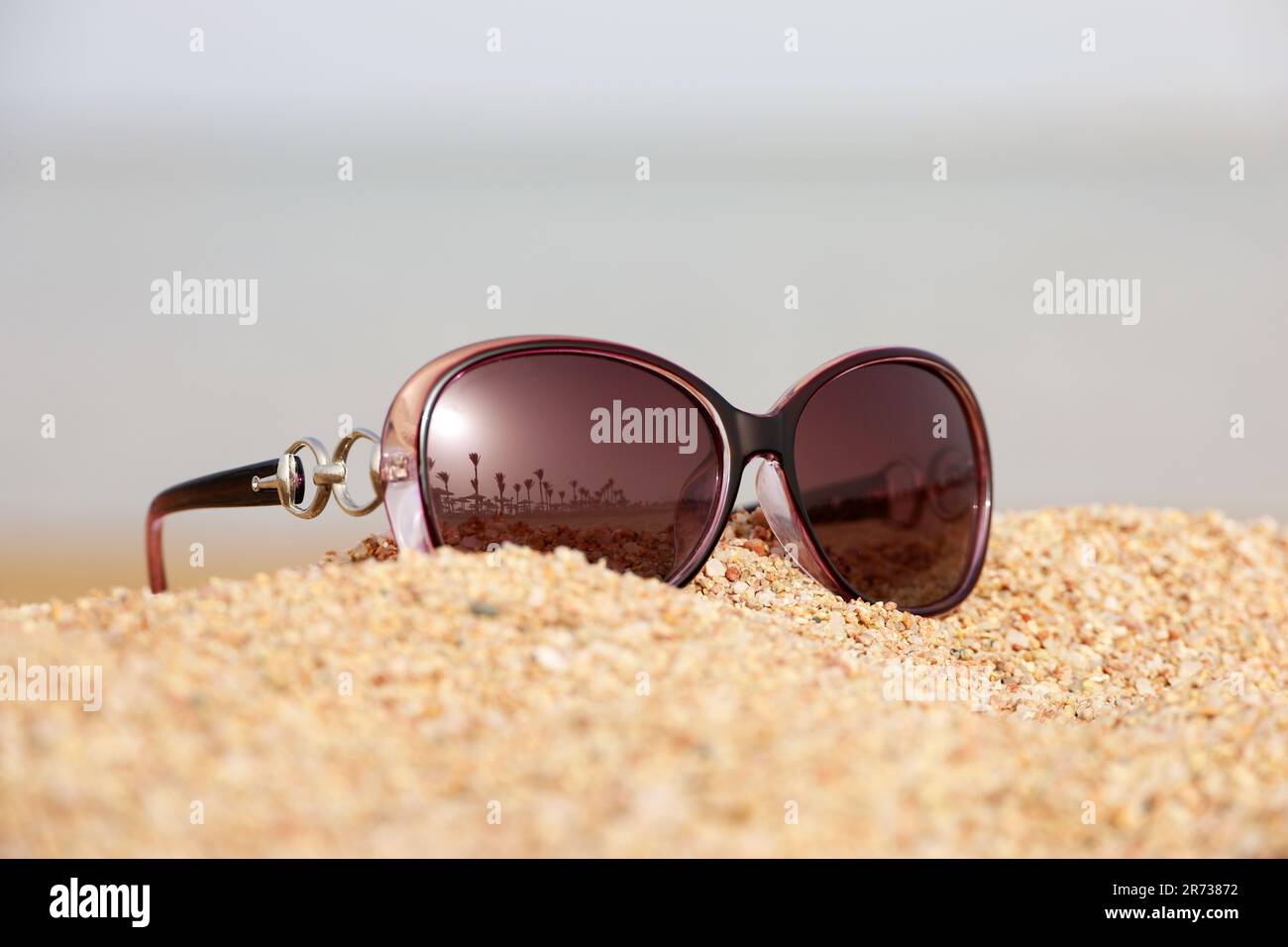 Holidays on a sea, female sunglasses on sand with palm trees reflection Stock Photo