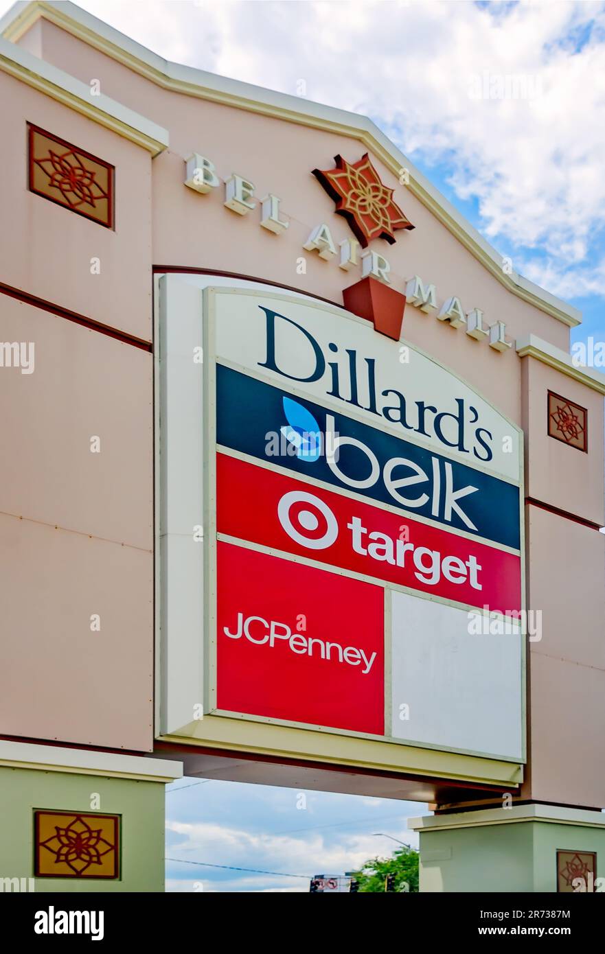 Anchor stores are listed at the Shoppes at Bel Air, formerly Bel Air Mall, May 31, 2023, in Mobile, Alabama. Stock Photo