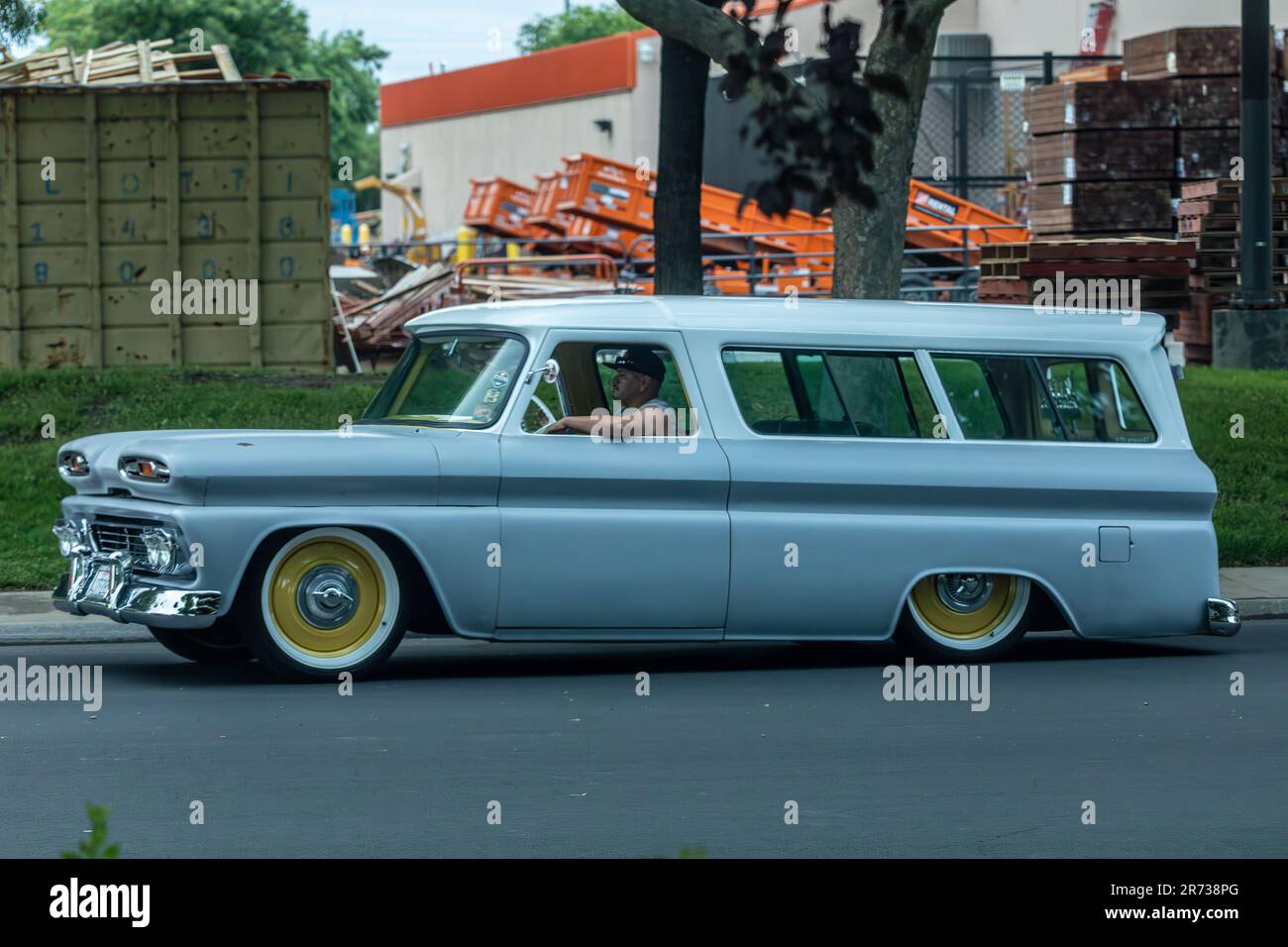 A 1961 Chevy Suburban at the North Modesto Kiwanis American Graffiti Car Show & Festival Stock Photo