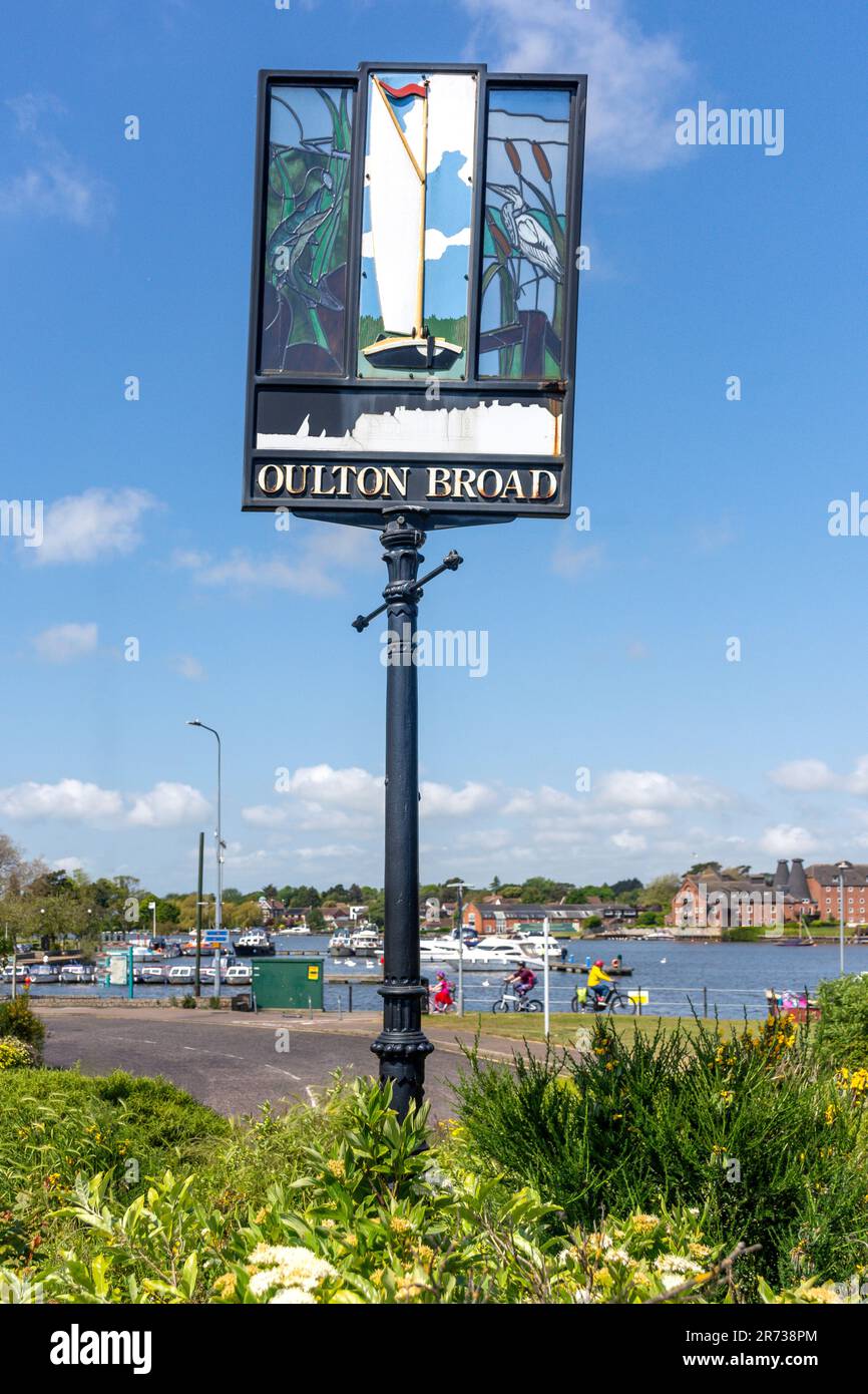 Village sign, Bridge Road, Oulton Broad, Lowestoft, Suffolk, England, United Kingdom Stock Photo