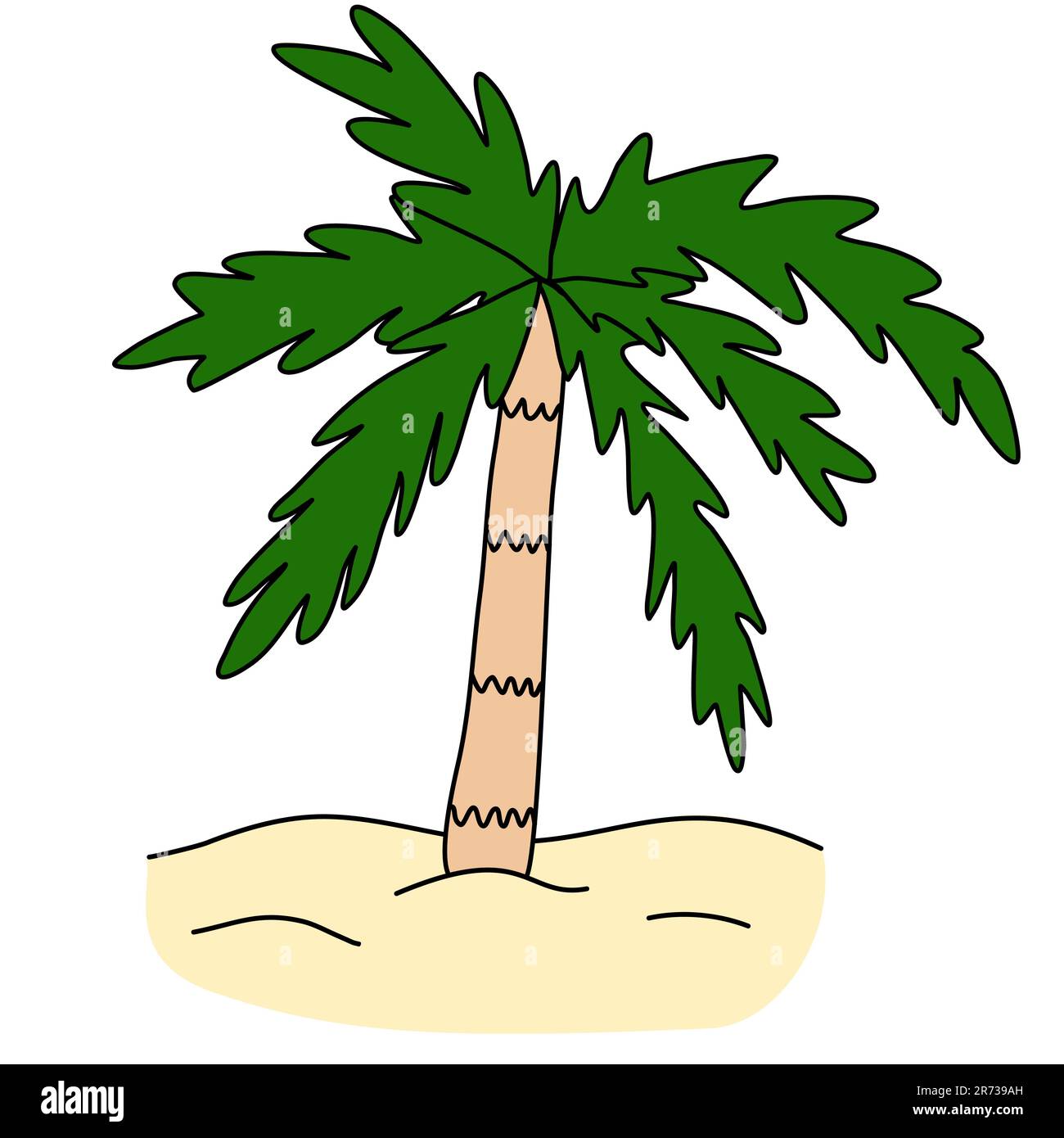Coconut palm tree in sand, simple style doodle vector illustration
