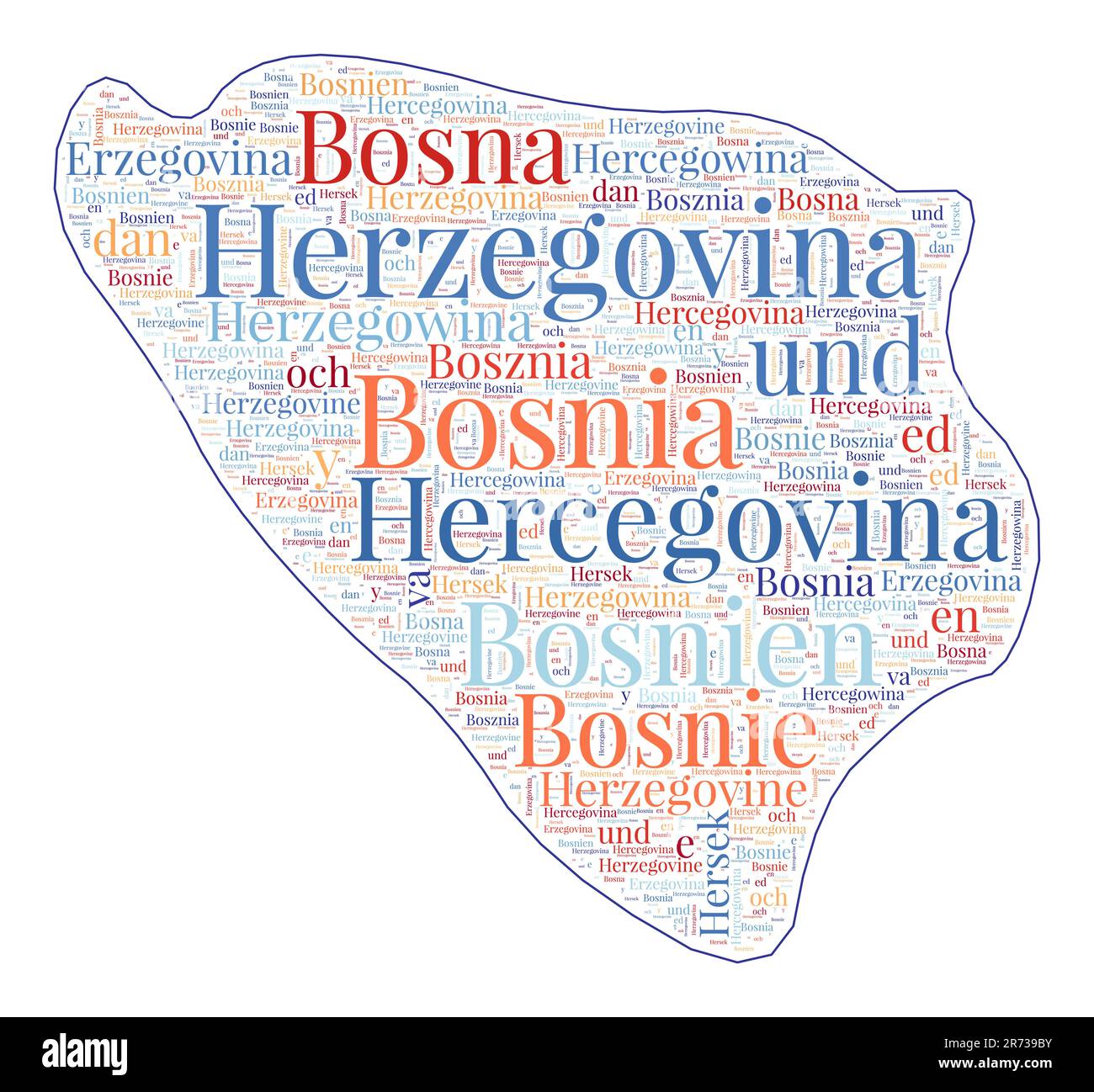 Bosnia shape filled with country name in many languages. Bosnia map in