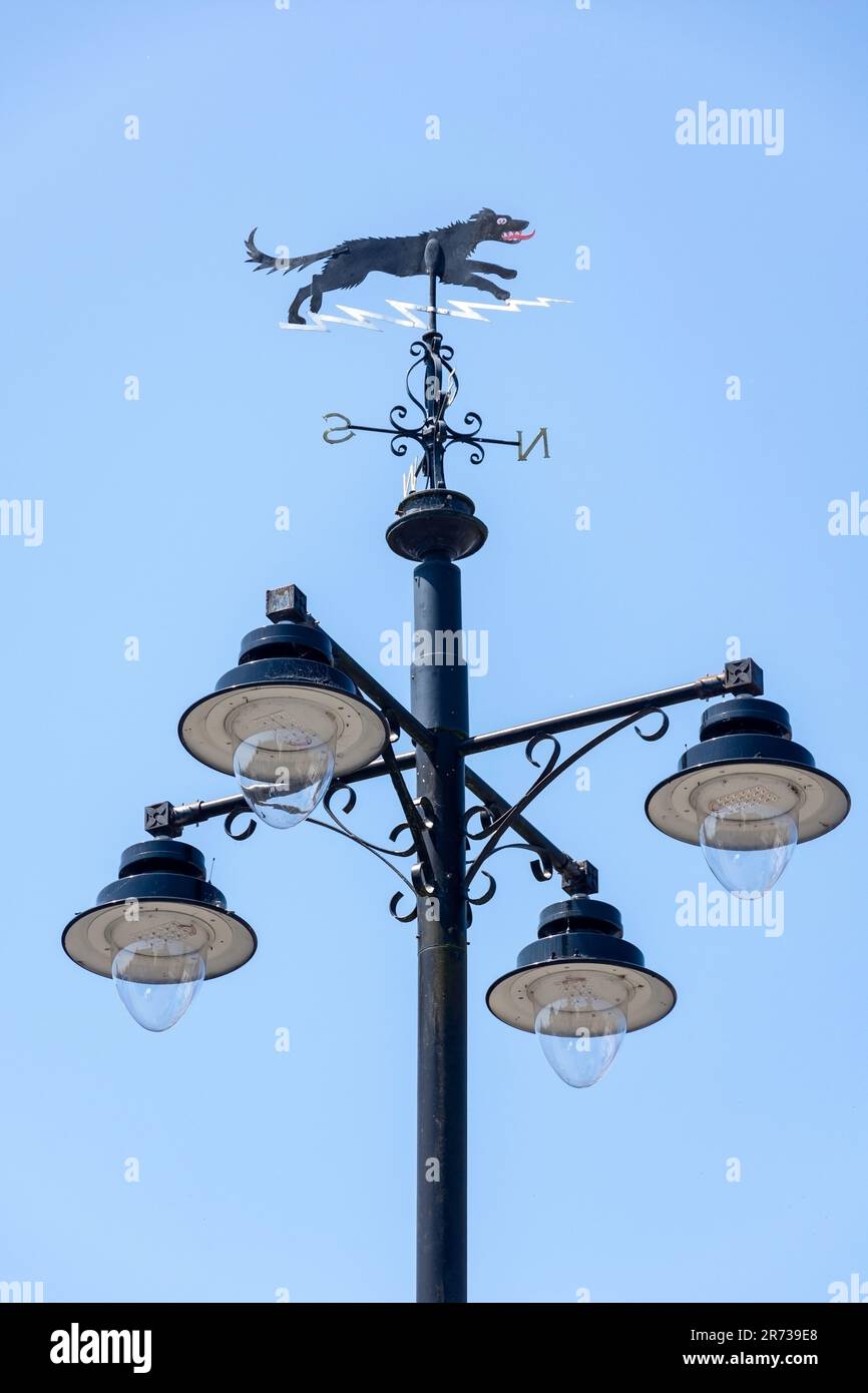 Black Shuck weather vane by Buttercross, Market Place, Bungay, Suffolk, England, United Kingdom Stock Photo