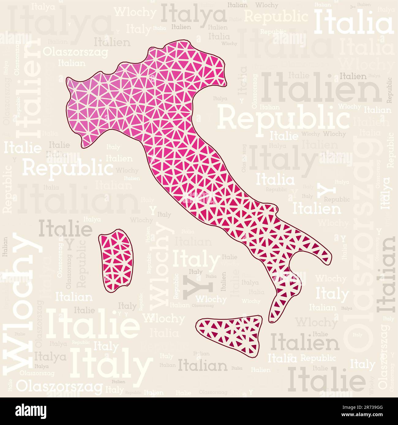 ITALY map design. Country names in different languages and map shape with geometric low poly