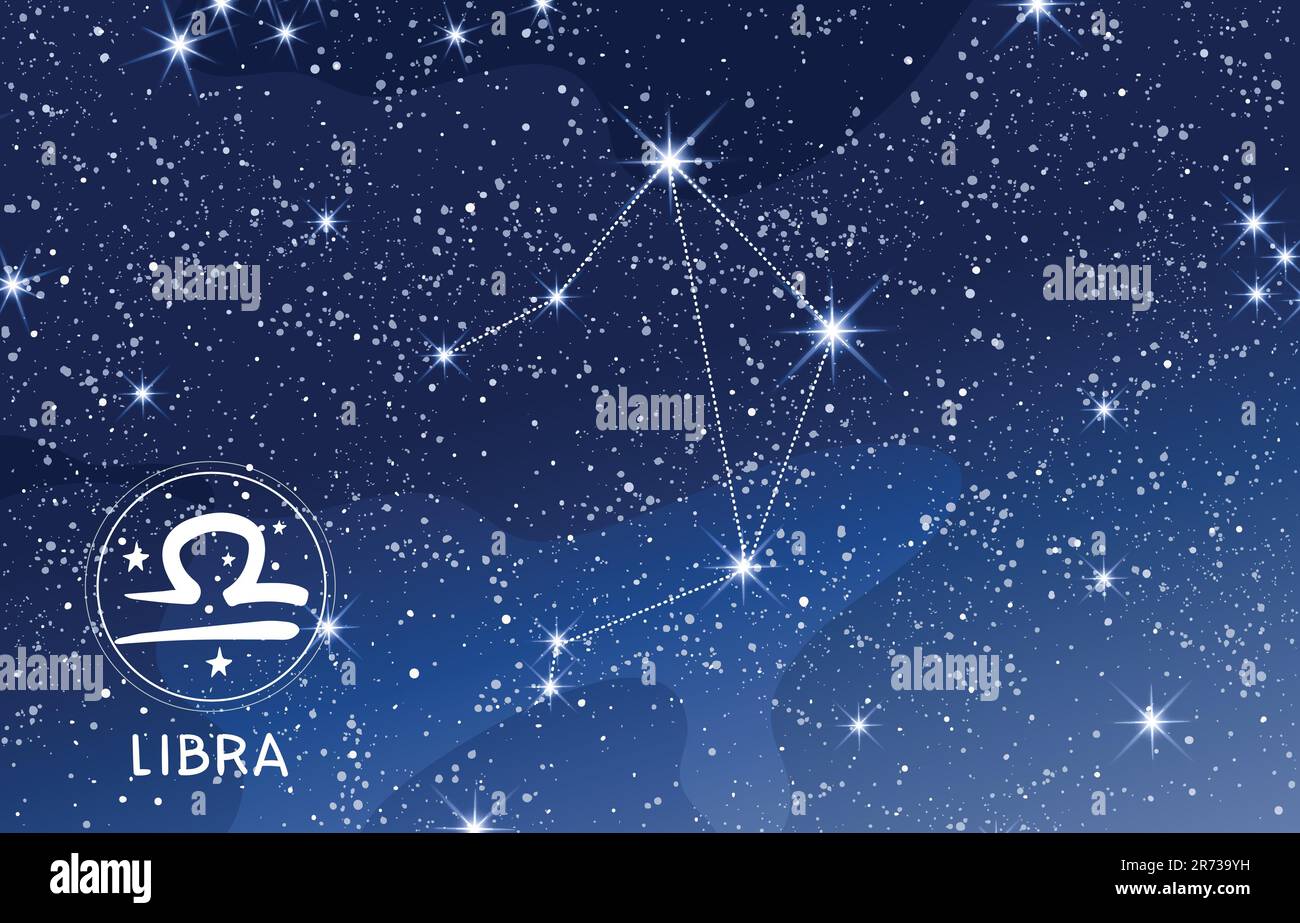 Libra constellation in the blue night sky, zodiac sign on blue