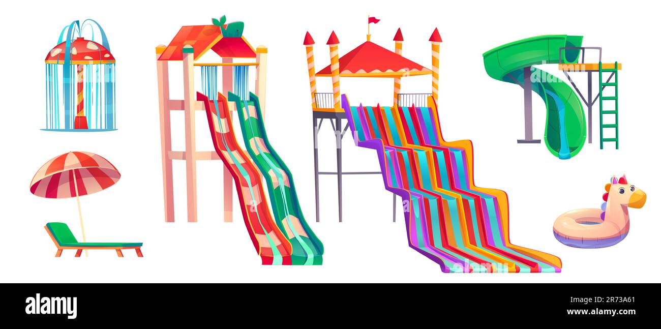 Summer aqua park with water slides, spiral tube, inflatable ring ...