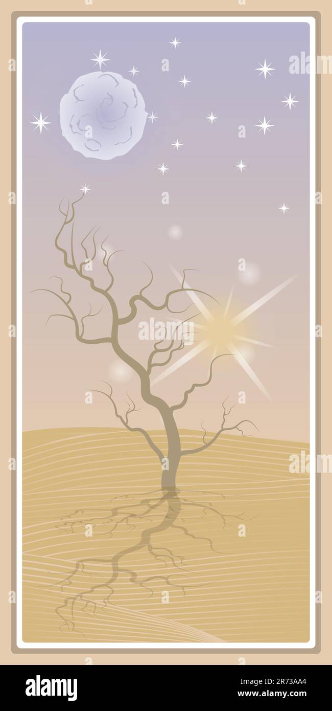 Frame with desert, lonely tree without foliage, sun, huge moon - for wall framed prints, canvas prints, poster, home decor Stock Vector