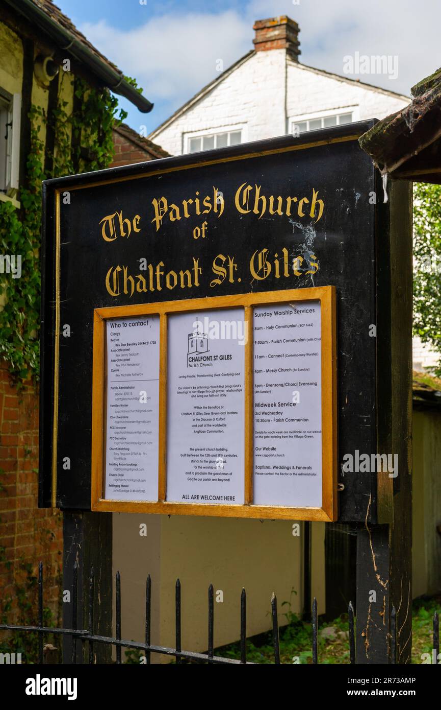 The notice board at Chalfont St Giles Parish Church, Buckinghamshire, England Stock Photo