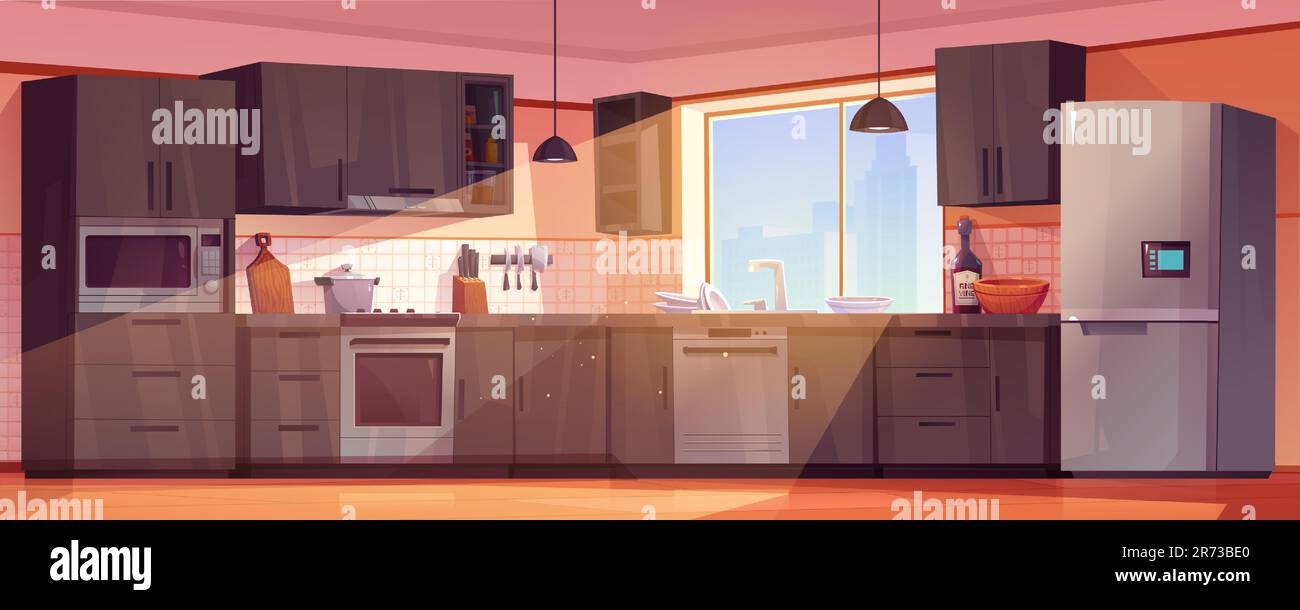House kitchen room interior vector cartoon illustration. Fridge, cupboard, sink and oven inside modern apartment. Modular desk with microwave and dishes storage. Sunlight from window indoor home. Stock Vector