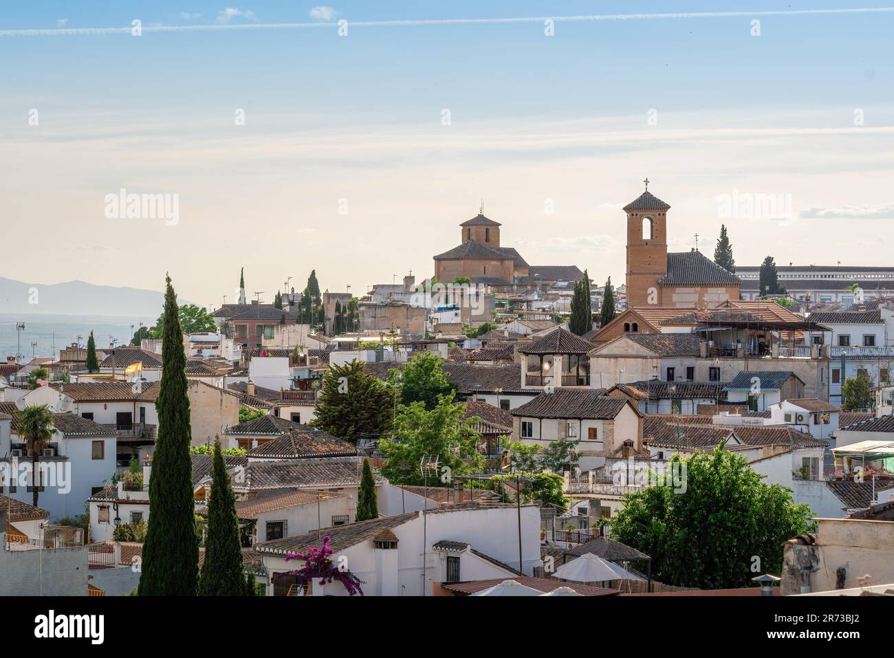 Aerial view of Church of San Bartolome and Church of San Cristobal - Granada, Andalusia, Spain Stock Photo