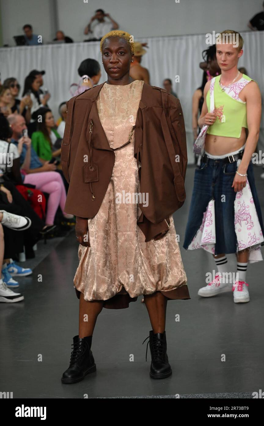 London, UK. June 12 2023. London Fashion Week 2023 - University of East London - Students Emerging Designer Show and Presentation at The Great Hall, University of East London, Stratford Campus. Credit: See Li/Picture Capital/Alamy Live News Stock Photo