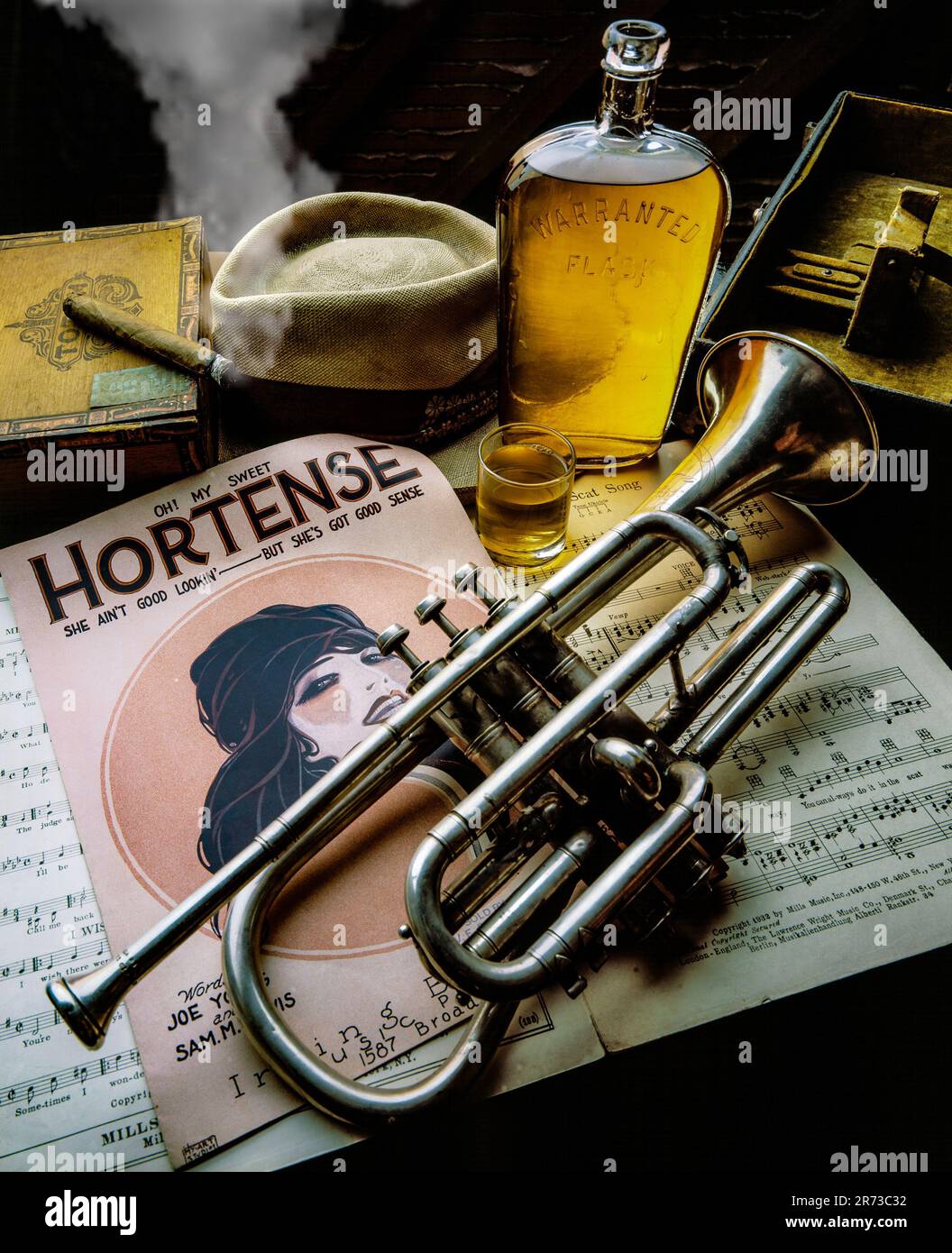 Still life jazz trumpet, sheet music, whiskey bottle and cigar smoke