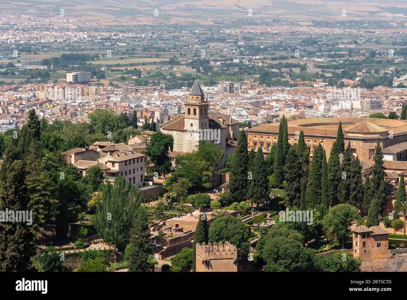 Aerial view of Church of Santa Maria de la Alhambra - Granada, Andalusia, Spain Stock Photo
