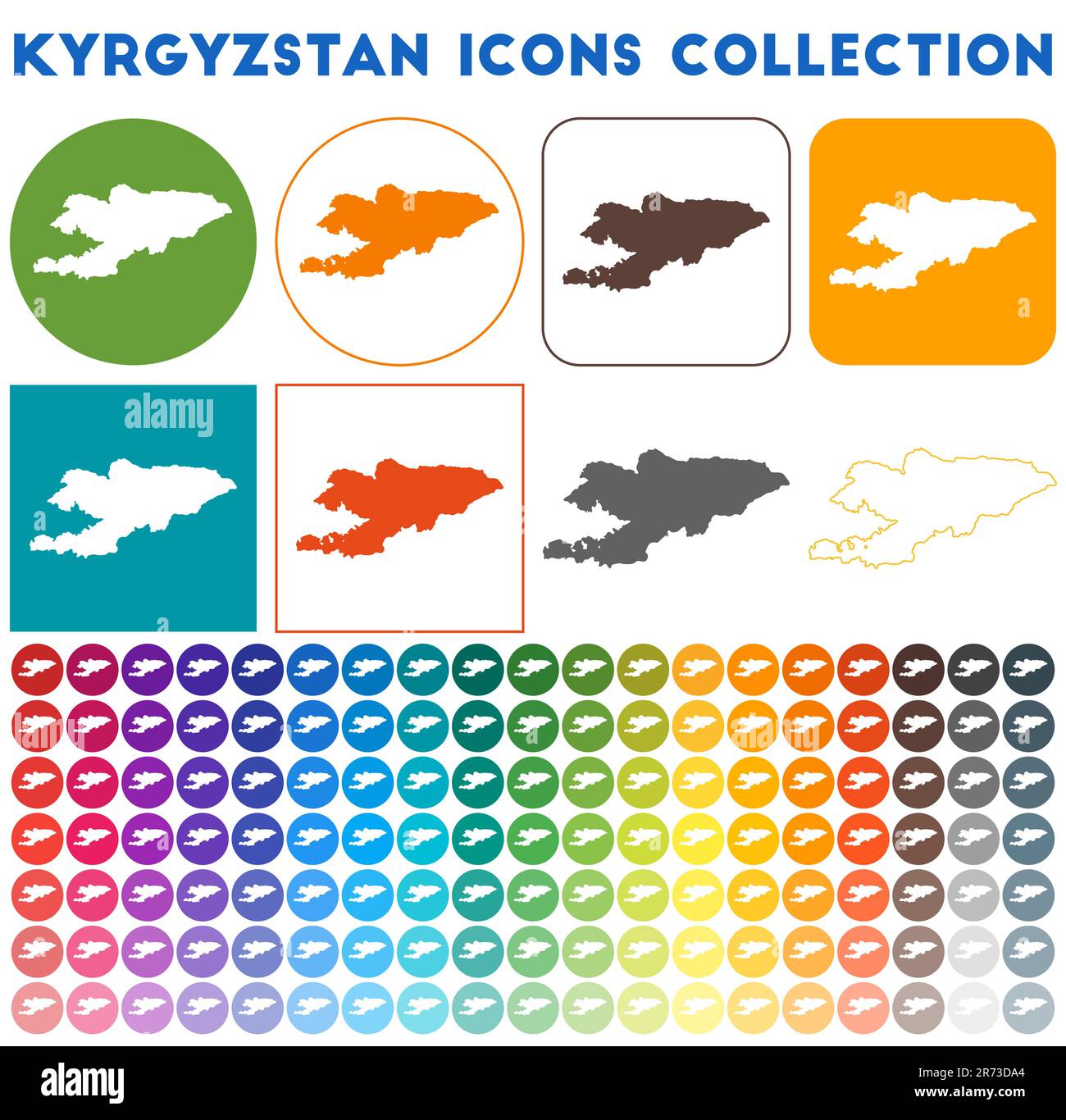 Kyrgyzstan icons collection. Bright colorful trendy map icons. Modern Kyrgyzstan badge with country map. Vector illustration. Stock Vector