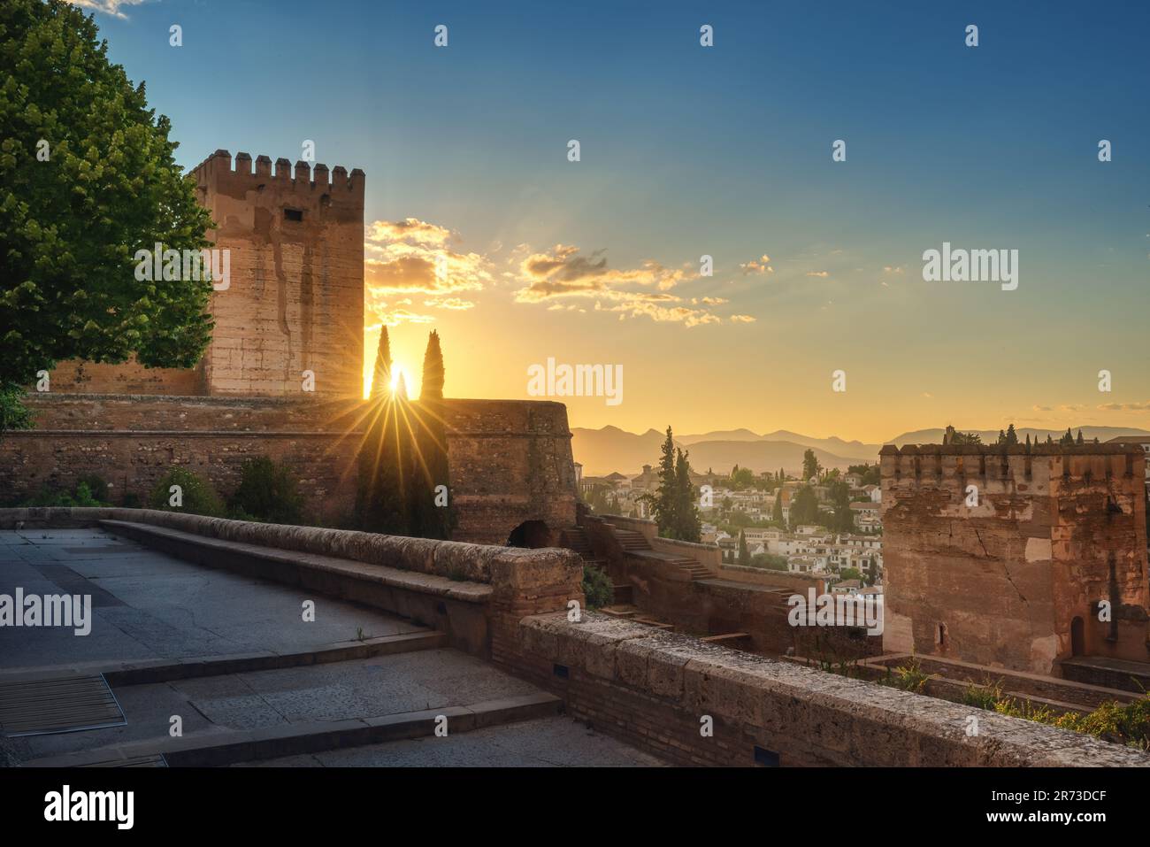 Alcazaba at sunset with Torre del Homenaje (Keep) and Turret Tower (Torre del Cubo) at Alhambra - Granada, Andalusia, Spain Stock Photo