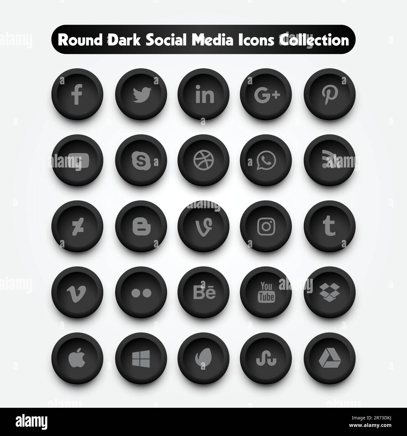 Round Dark Social Media Icons Collection Stock Vector