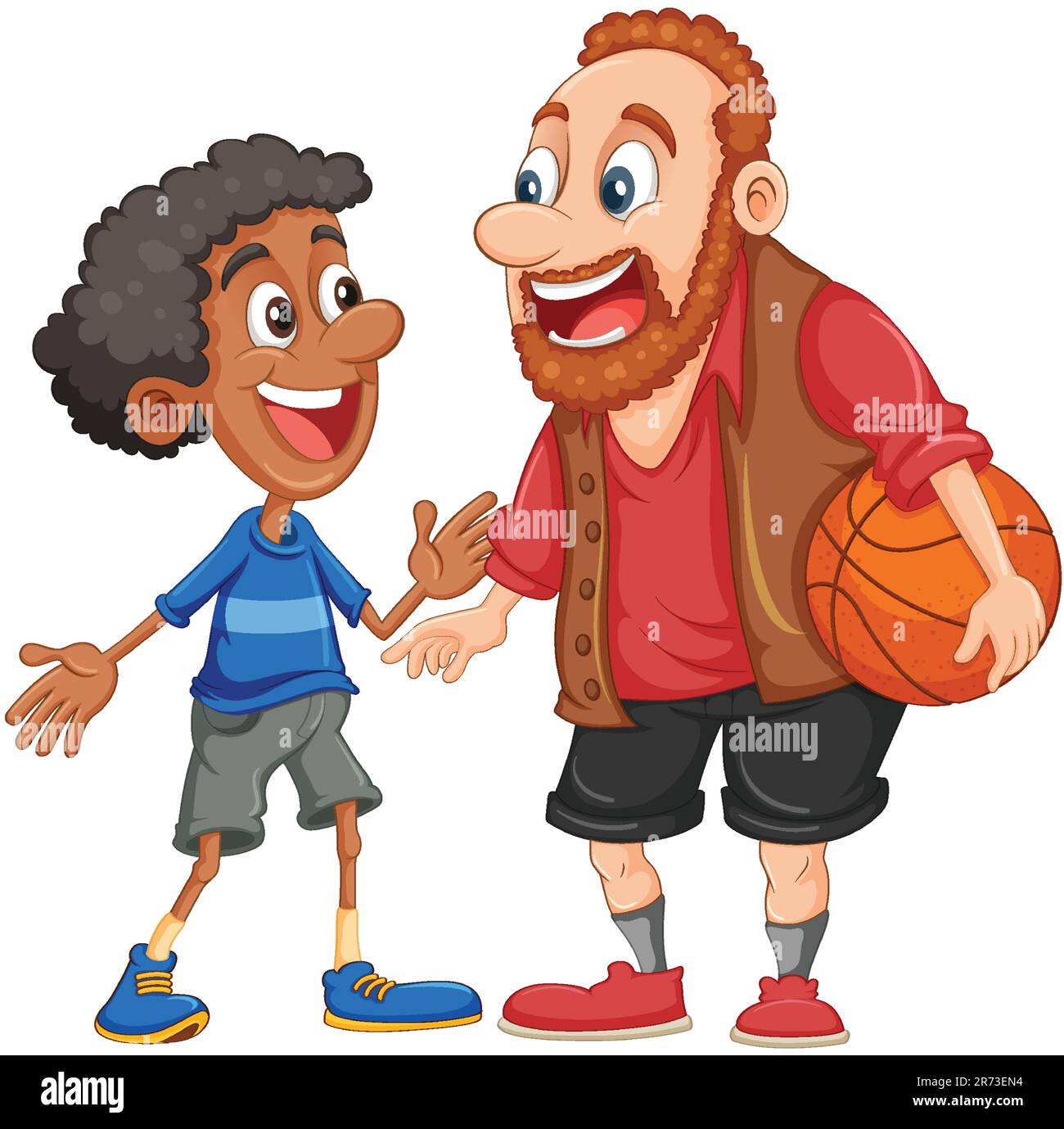 Middle age caucasian man playing basketball with Afro African boy illustration Stock Vector