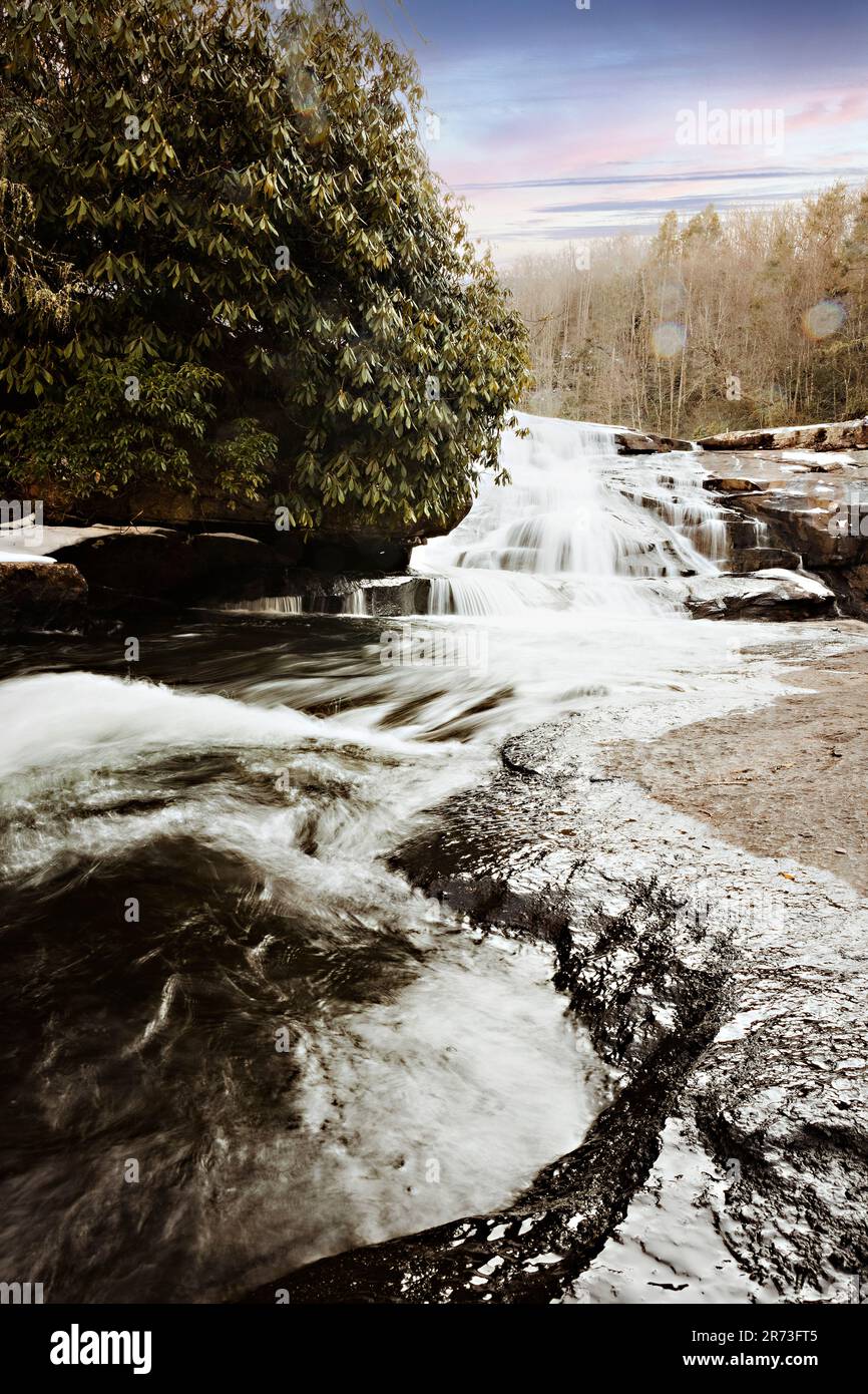 Triple Falls Waterfall in Asheville North Carolina, Flowing Waterfall, North Carolina Hiking Spot, Blue Ridge Mountains Hike, Waterfall Landscape Stock Photo