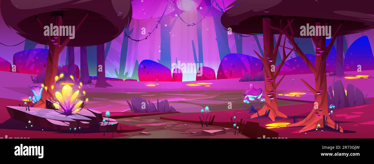 Pink fantasy magic forest cartoon background illustration. Night