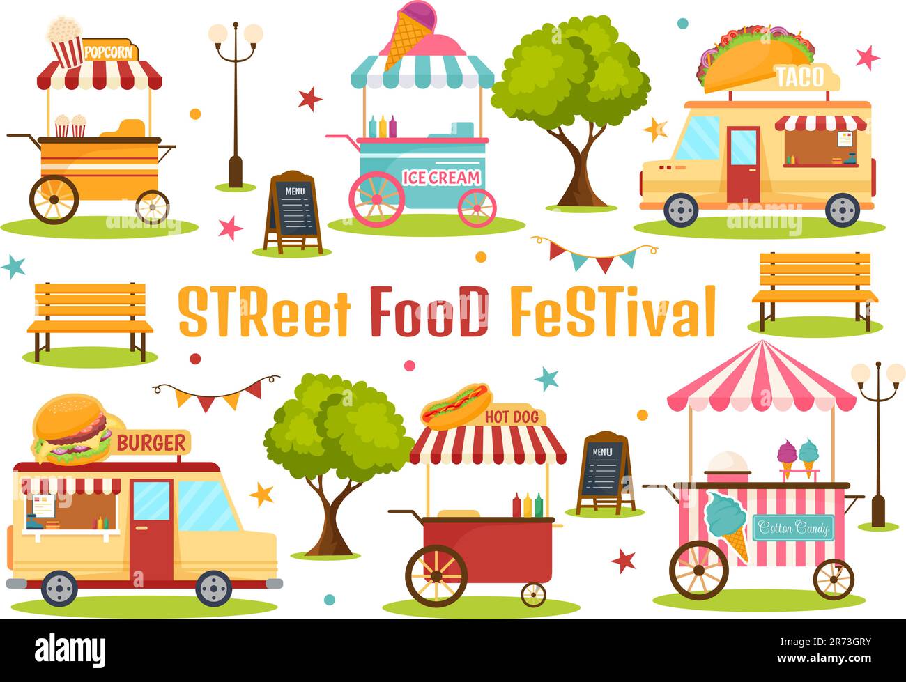 Street Food Festival Event Vector Illustration with People and Foods Trucks in Summer Outdoor City Park in Flat Cartoon Hand Drawn Templates Stock Vector