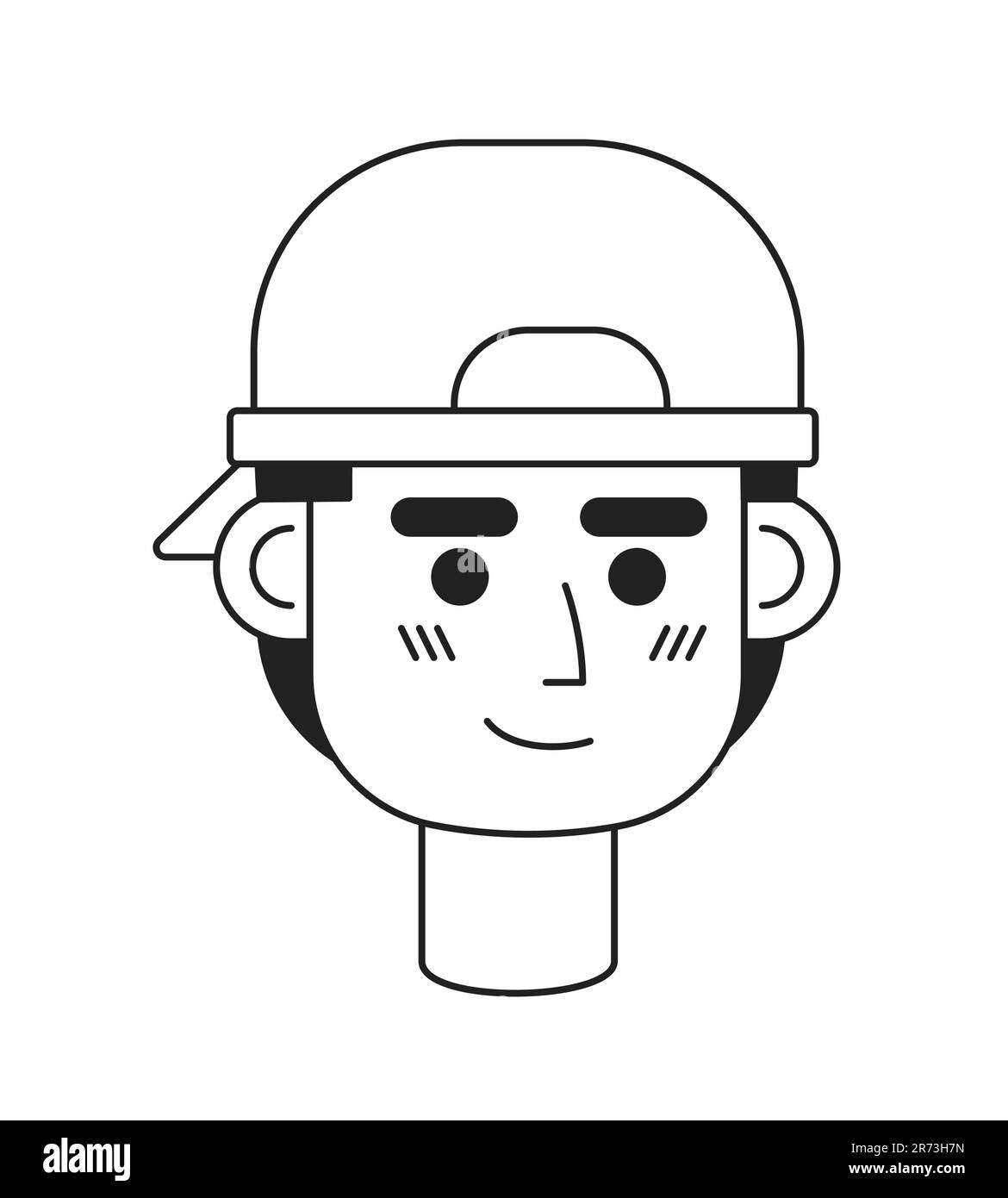 Teenage boy wearing baseball cap backwards monochrome flat linear character head Stock Vector