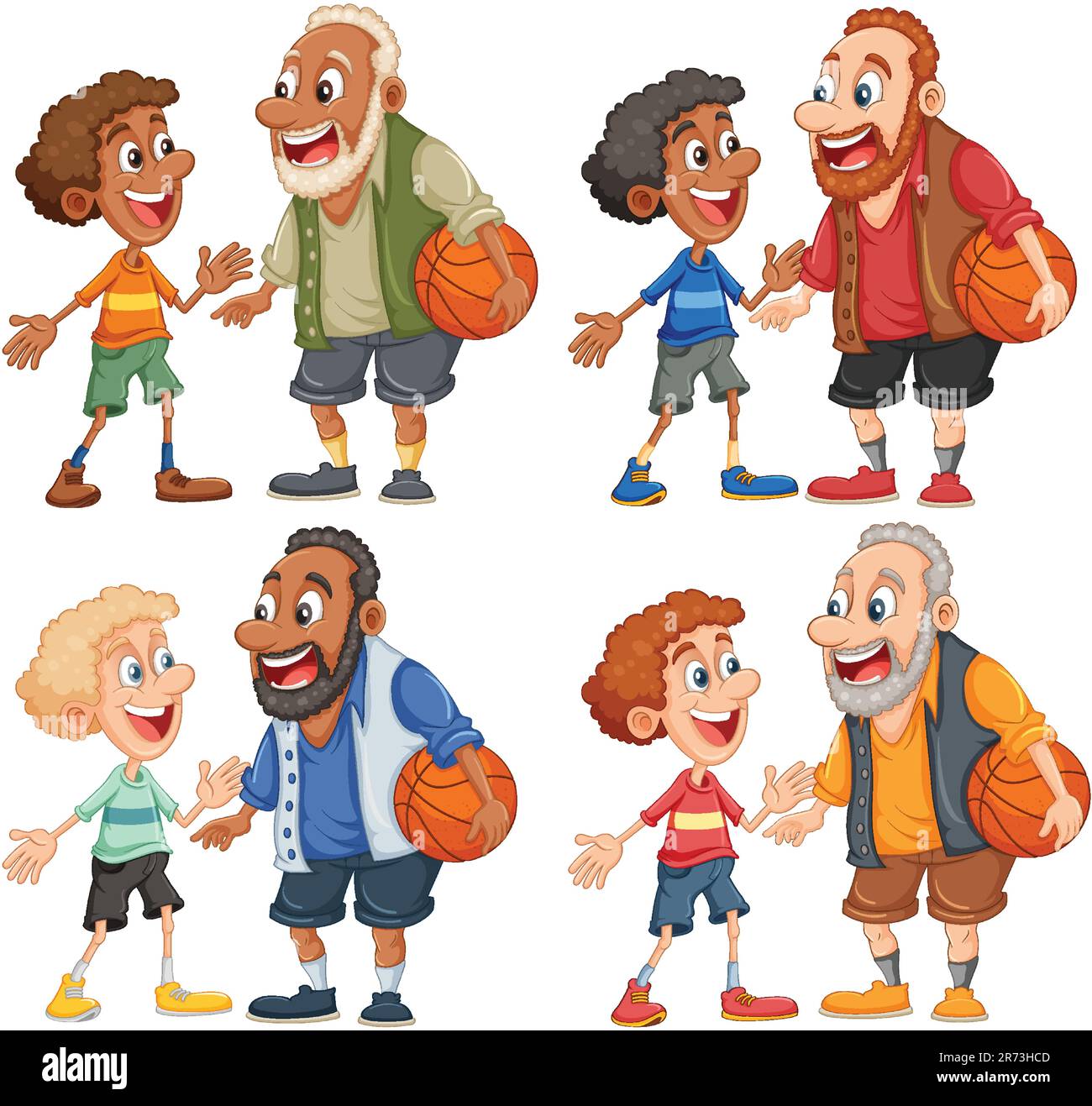 Set of middle age man playing basketball with boy illustration Stock Vector