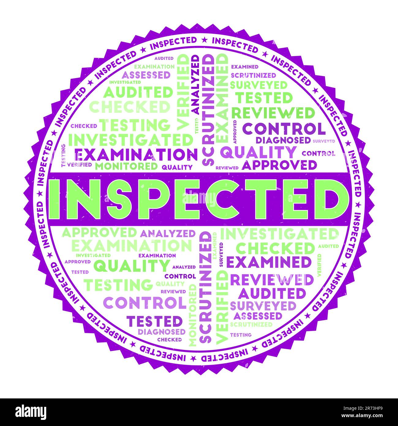 INSPECTED word image. Inspected concept with word clouds and round text. Nice colors and grunge texture. Superb vector illustration. Stock Vector