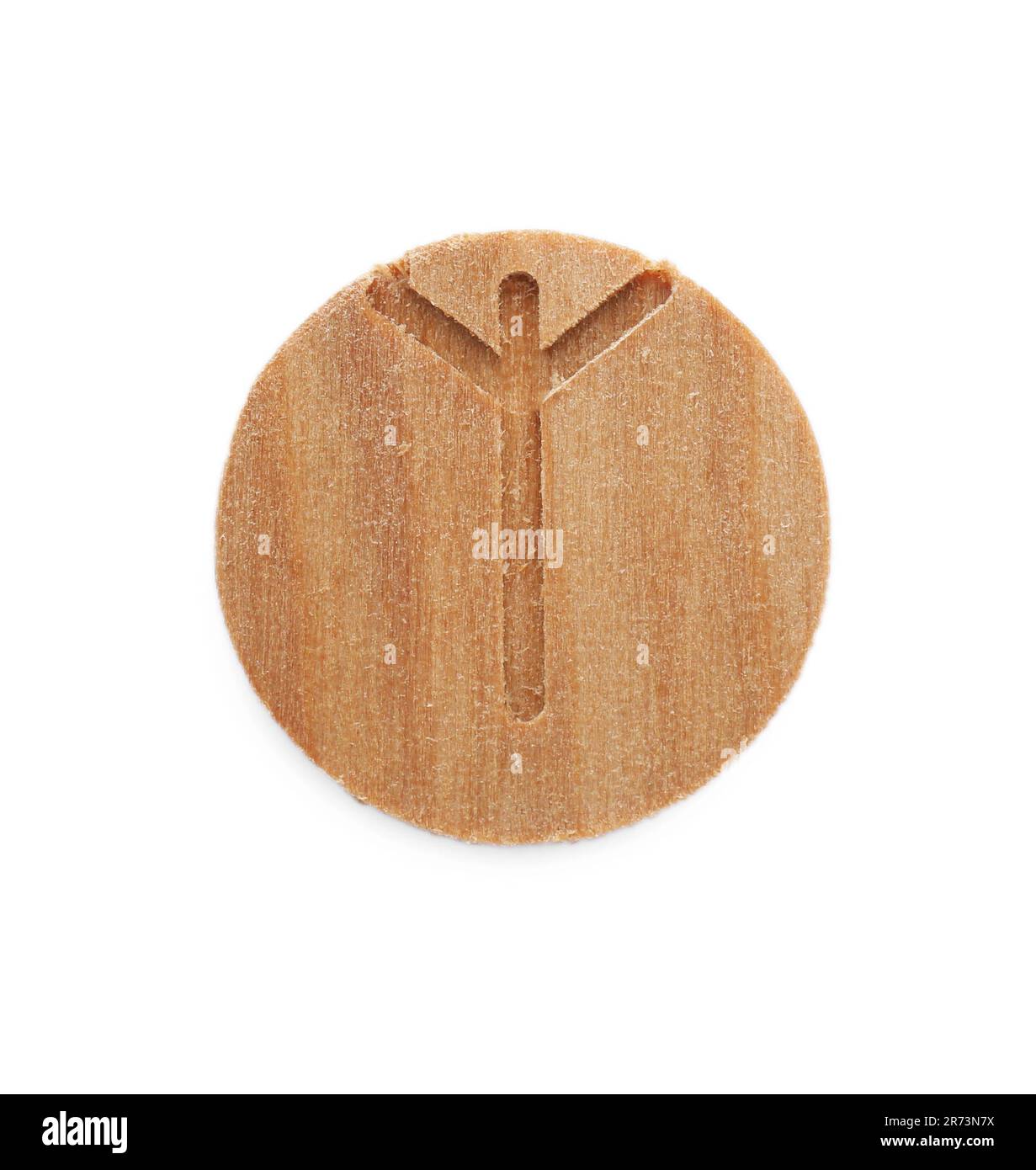 Wooden rune Algiz isolated on white, top view Stock Photo - Alamy